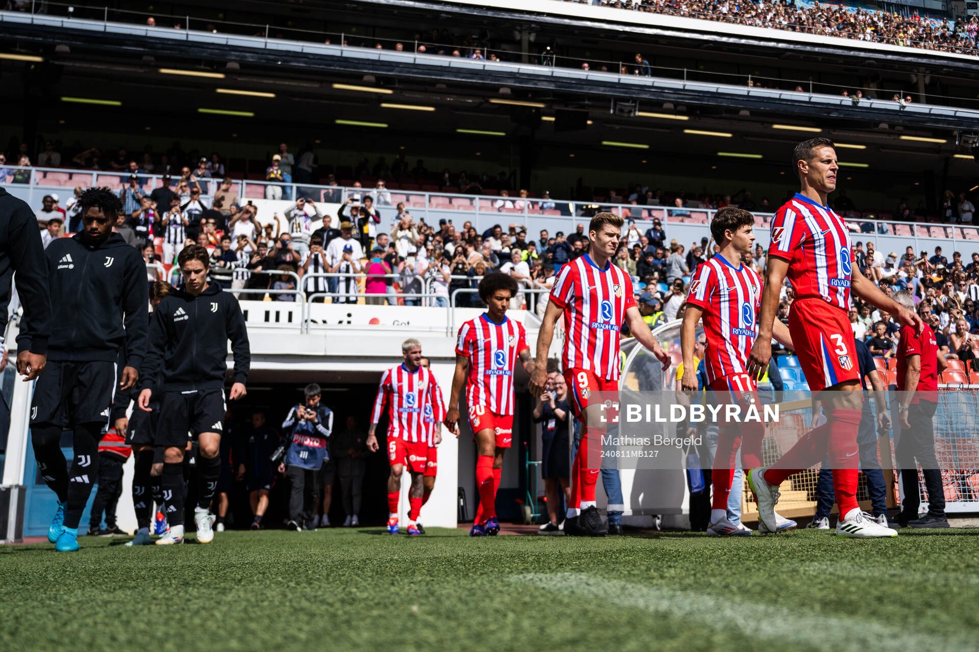 Alexander Sørloth, Rodrigo Riquelme and Cesar Azpilicueta ahead of the Friendly football match between Atletico Madrid and Juventus on August 11, 2024 in Gothenburg.