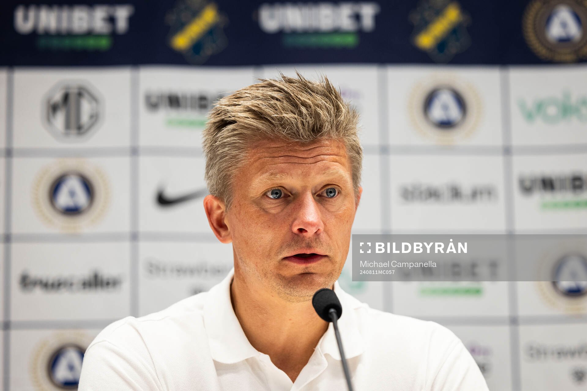 AIKs tränare Mikkjal Thomassen under presskonferens efter fotbollsmatchen i Allsvenskan mellan AIK och Mjällby den 11 augusti 2024 i Stockholm.