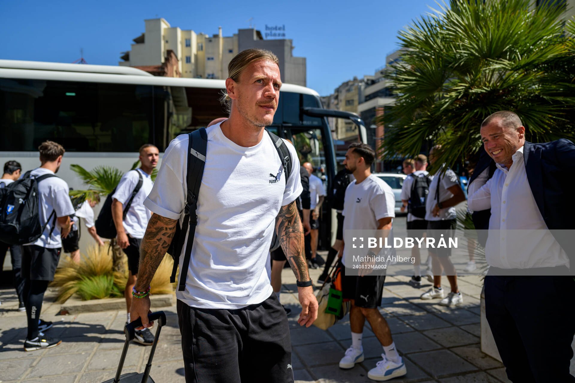Goalkeeper Johan Dahlin of Malmö FF during the arrival to the hotel on August 12, 2024 in Thessaloniki. 