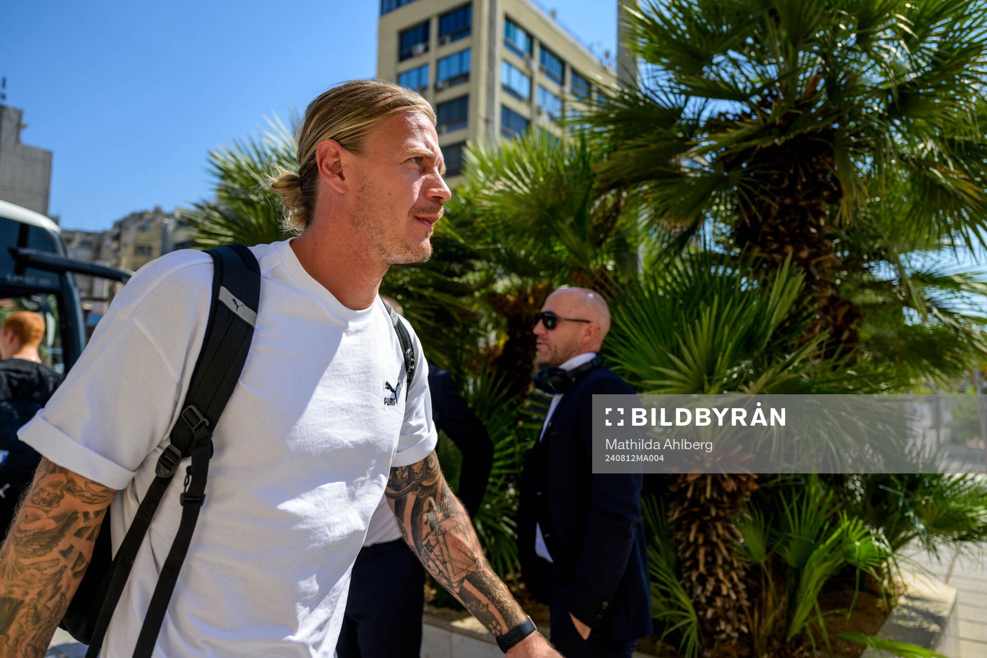 Goalkeeper Johan Dahlin of Malmö FF during the arrival to the hotel on August 12, 2024 in Thessaloniki. 