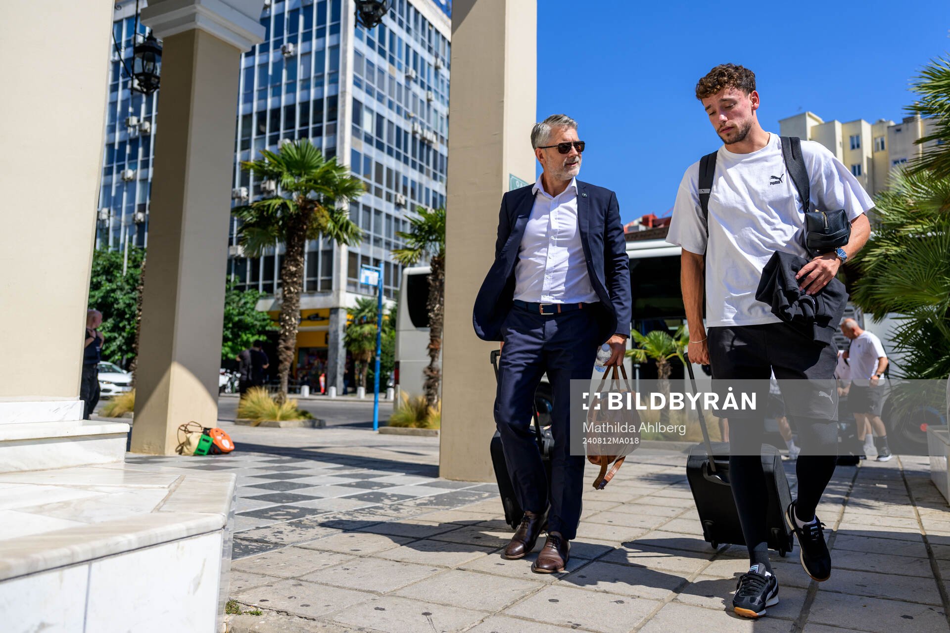 CEO Niclas Carlnen and Colin Rösler of Malmö FF during the arrival to the hotel on August 12, 2024 in Thessaloniki. 
