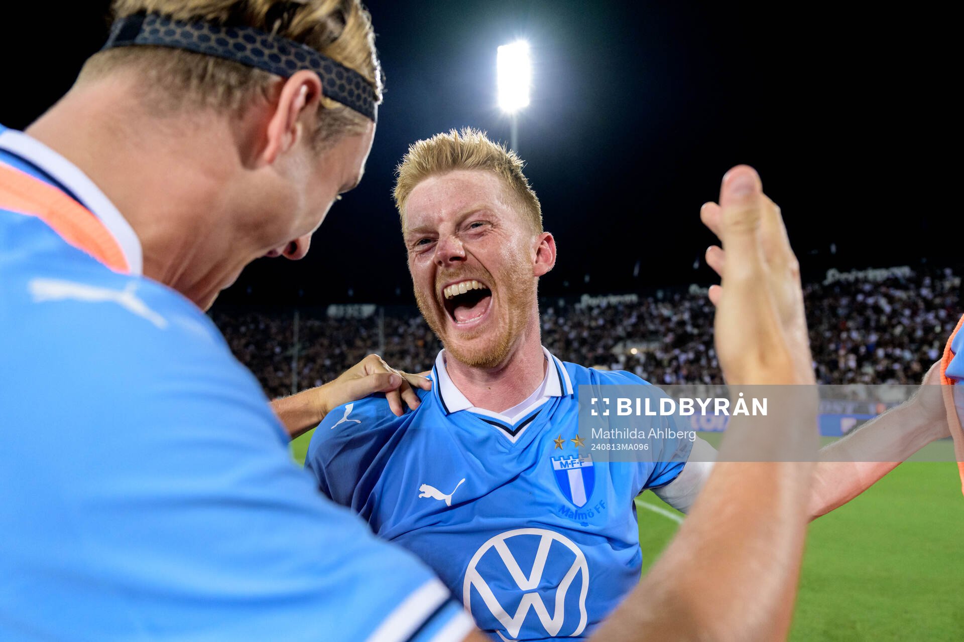 Anders Christiansen of Malmö FF celebrates after the UEFA Champions League football match between PAOK and Malmö FF on August 13, 2024 in Thessaloniki.