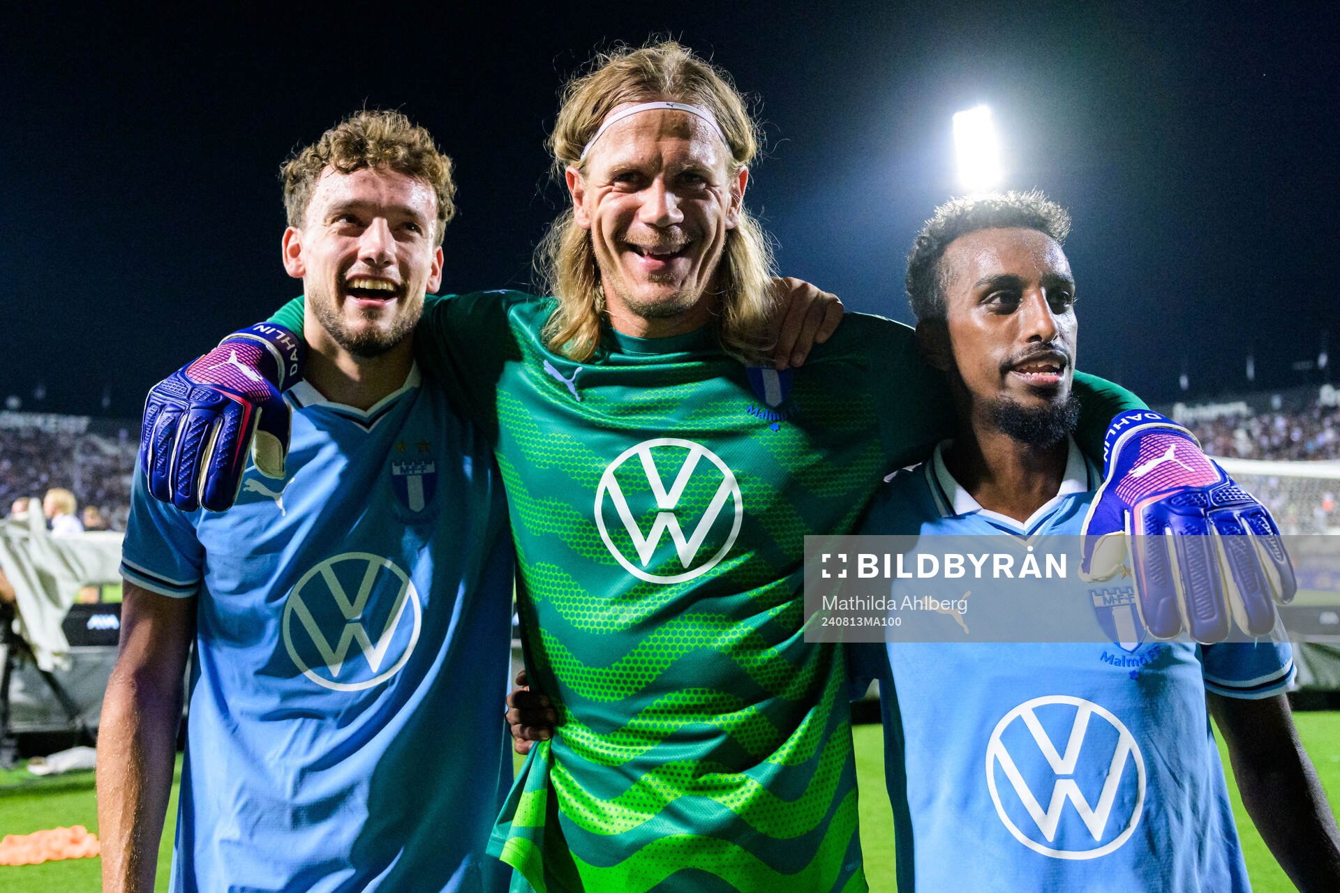 Goalkeeper Johan Dahlin and Taha Ali of Malmö FF celebrate