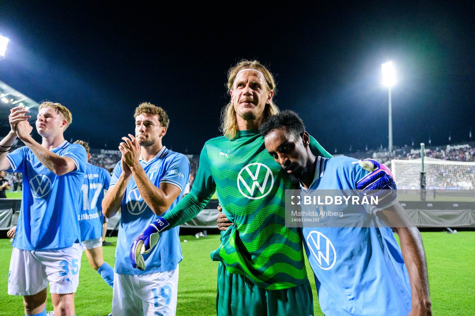 Goalkeeper Johan Dahlin and Taha Ali of Malmö FF celebrate