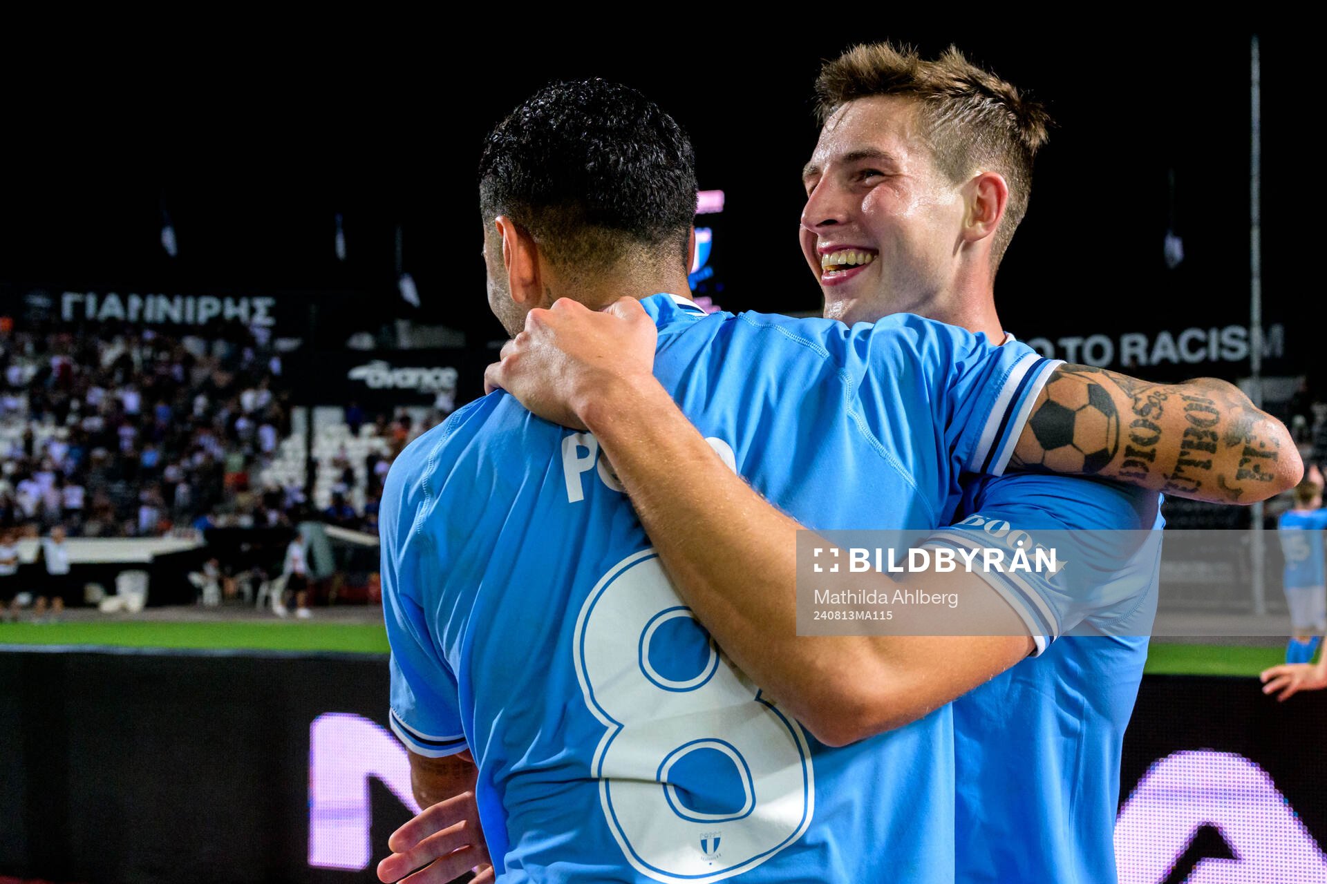 Lasse Berg Johnsen of Malmö FF celebrates after the UEFA Champions League football match between PAOK and Malmö FF on August 13, 2024 in Thessaloniki.