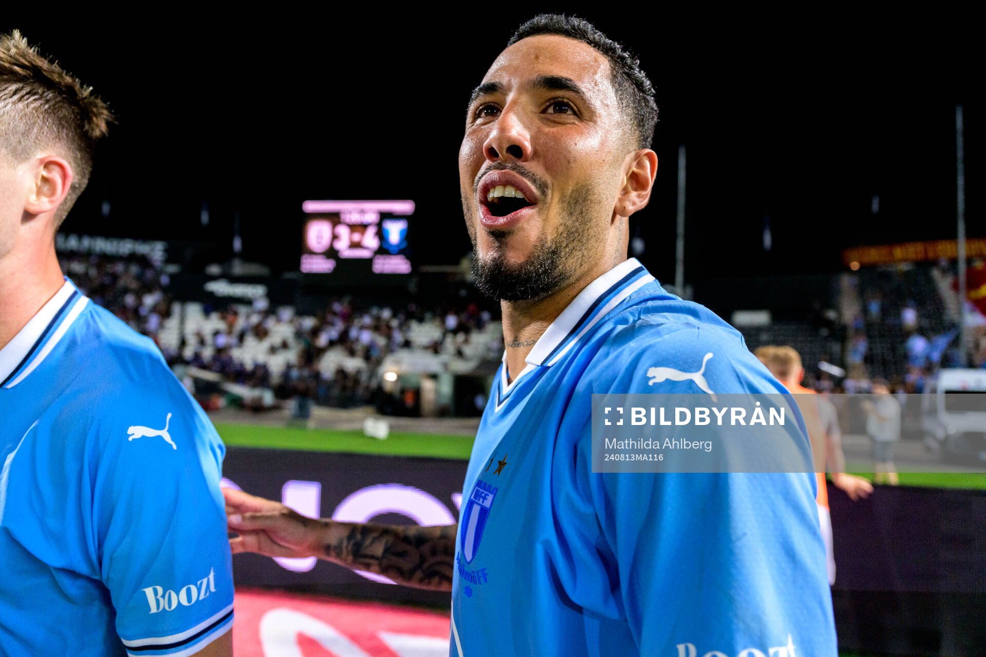 Sergio Pena of Malmö FF celebrates after the UEFA Champions League football match between PAOK and Malmö FF on August 13, 2024 in Thessaloniki.