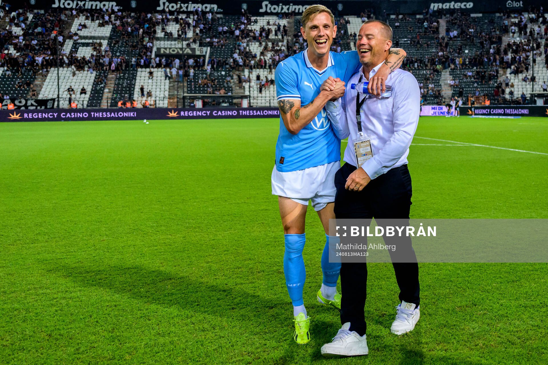 Søren Rieks and Sports director Daniel Andersson of Malmö FF celebrate after the UEFA Champions League football match between PAOK and Malmö FF on August 13, 2024 in Thessaloniki.