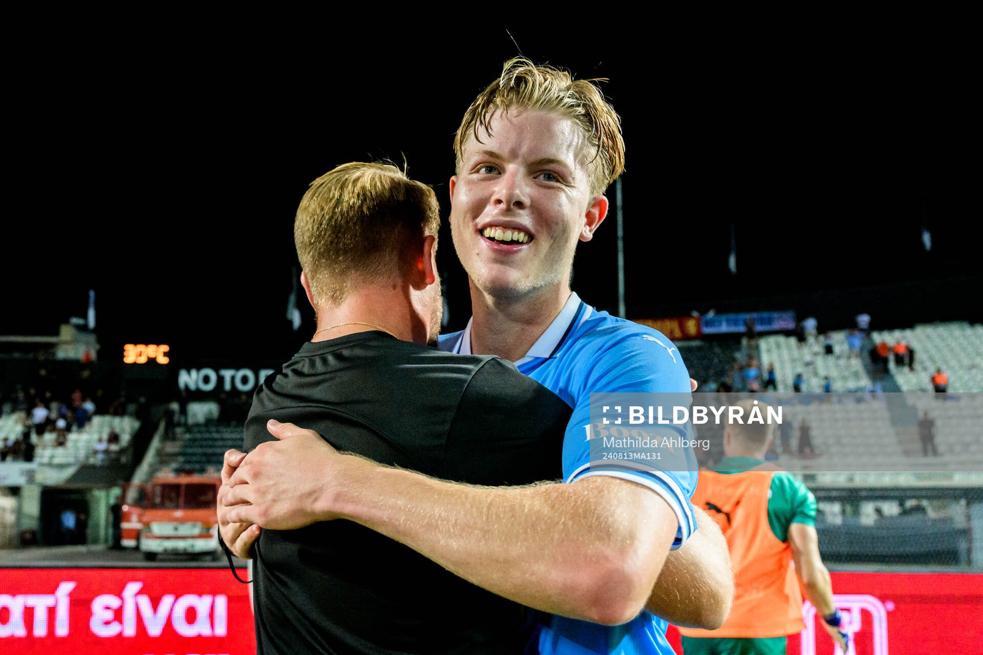 Nils Zätterström of Malmö FF celebrates after the UEFA Champions League football match between PAOK and Malmö FF on August 13, 2024 in Thessaloniki.