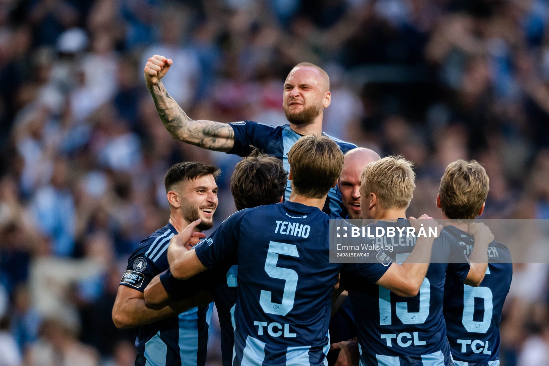 Players of Djurgården celebrate the 3-1 goal by Adam Ståhl