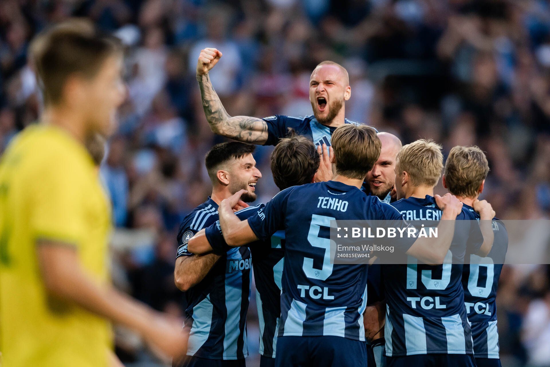 Players of Djurgården celebrate the 3-1 goal by Adam Ståhl