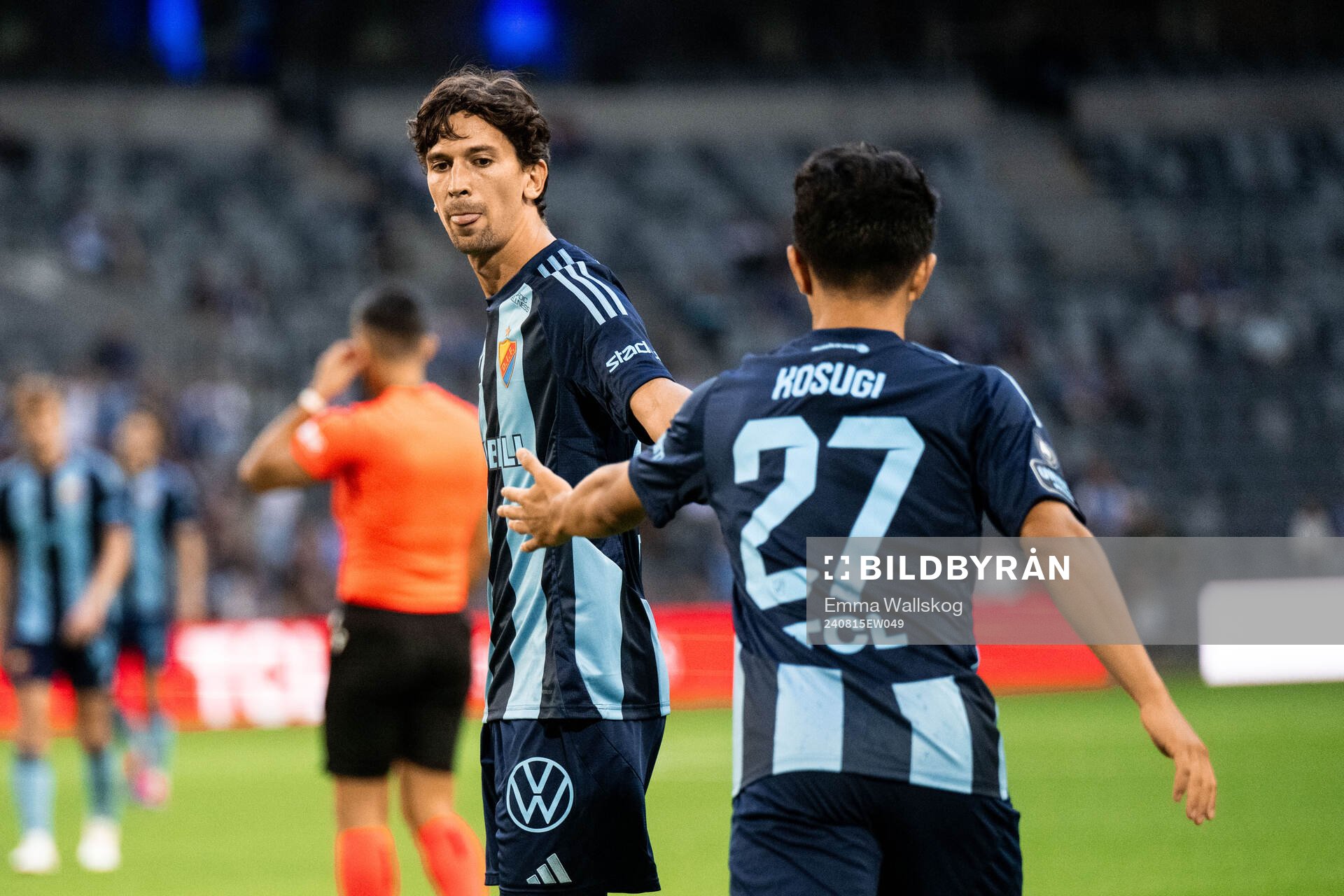 Gustav Wikheim and Keita Kosugi of Djurgården celebrate during the UEFA Conference League qualification match between Djurgården and Ilves on August 15, 2024 in Stockholm.
