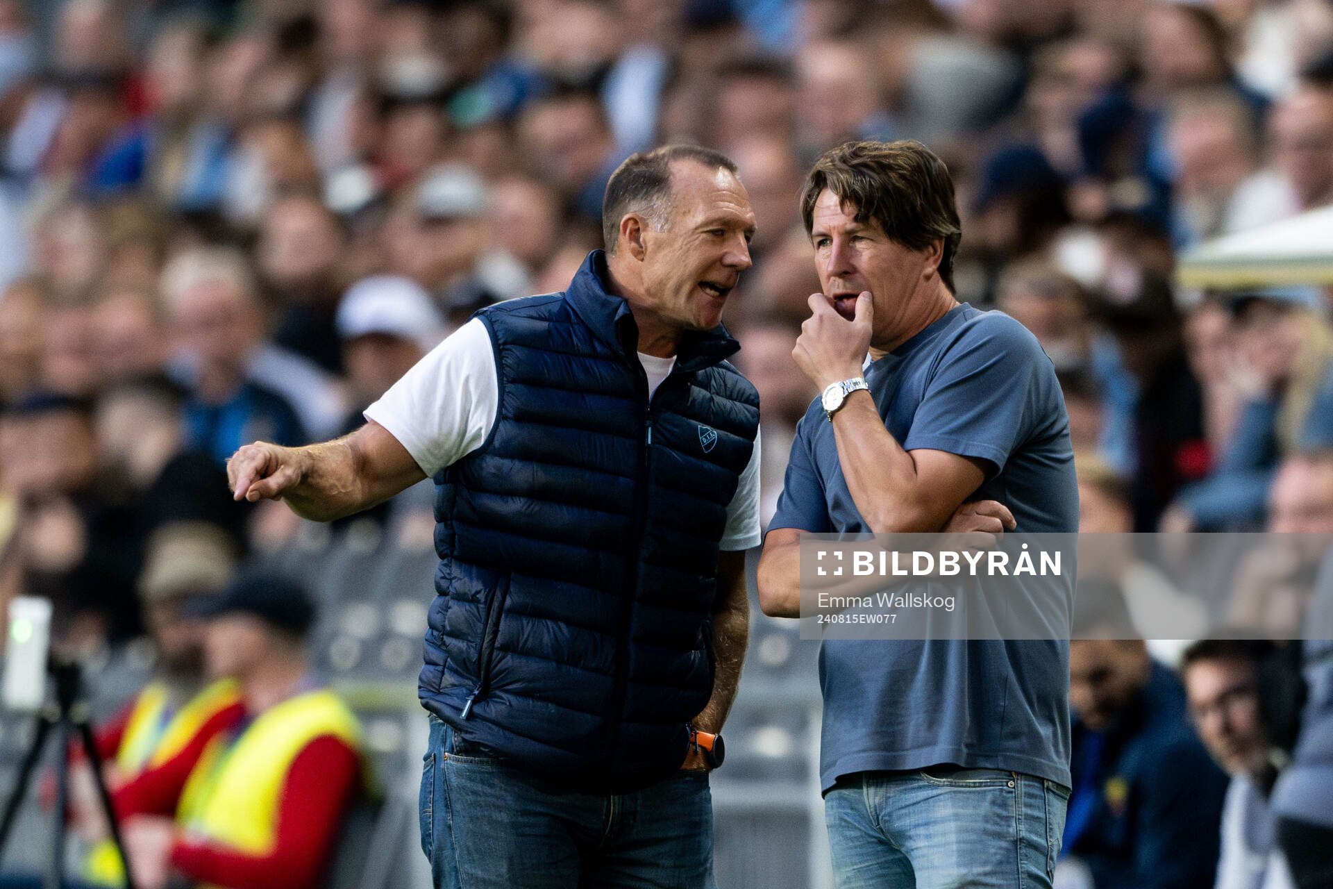 Head coach Kim Bergstrand and head coach Thomas Lagerlöf of Djurgården during the UEFA Conference League qualification match between Djurgården and Ilves on August 15, 2024 in Stockholm.