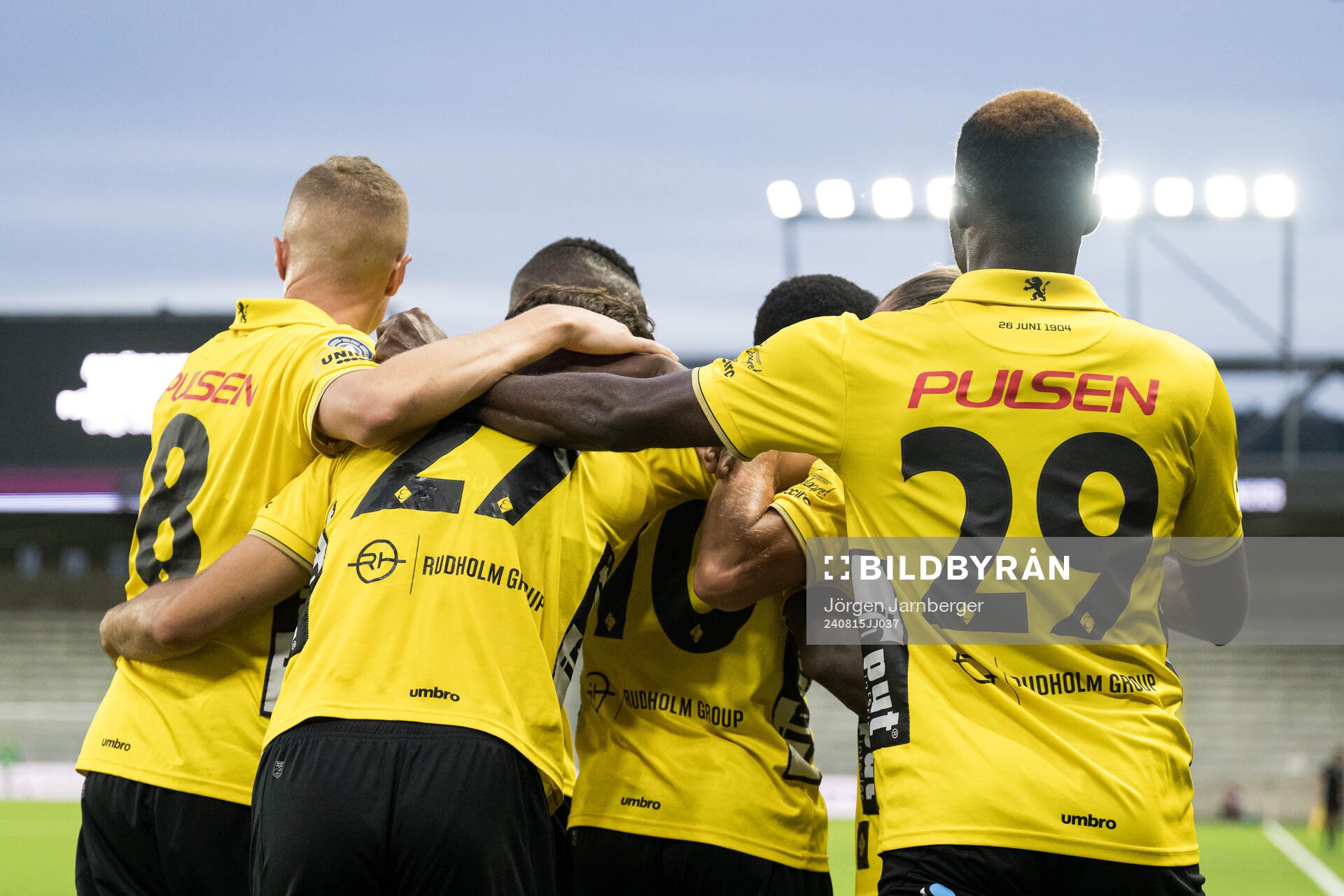Sebastian Holmen , Besfort Zeneli , Michael Baidoo and Ibrahim Buhari of Elfsborg celebrate the 1-0 goal during the UEFA Europa League qualification match between Elfsborg and Rijeka on August 15, 2024 in Borås.