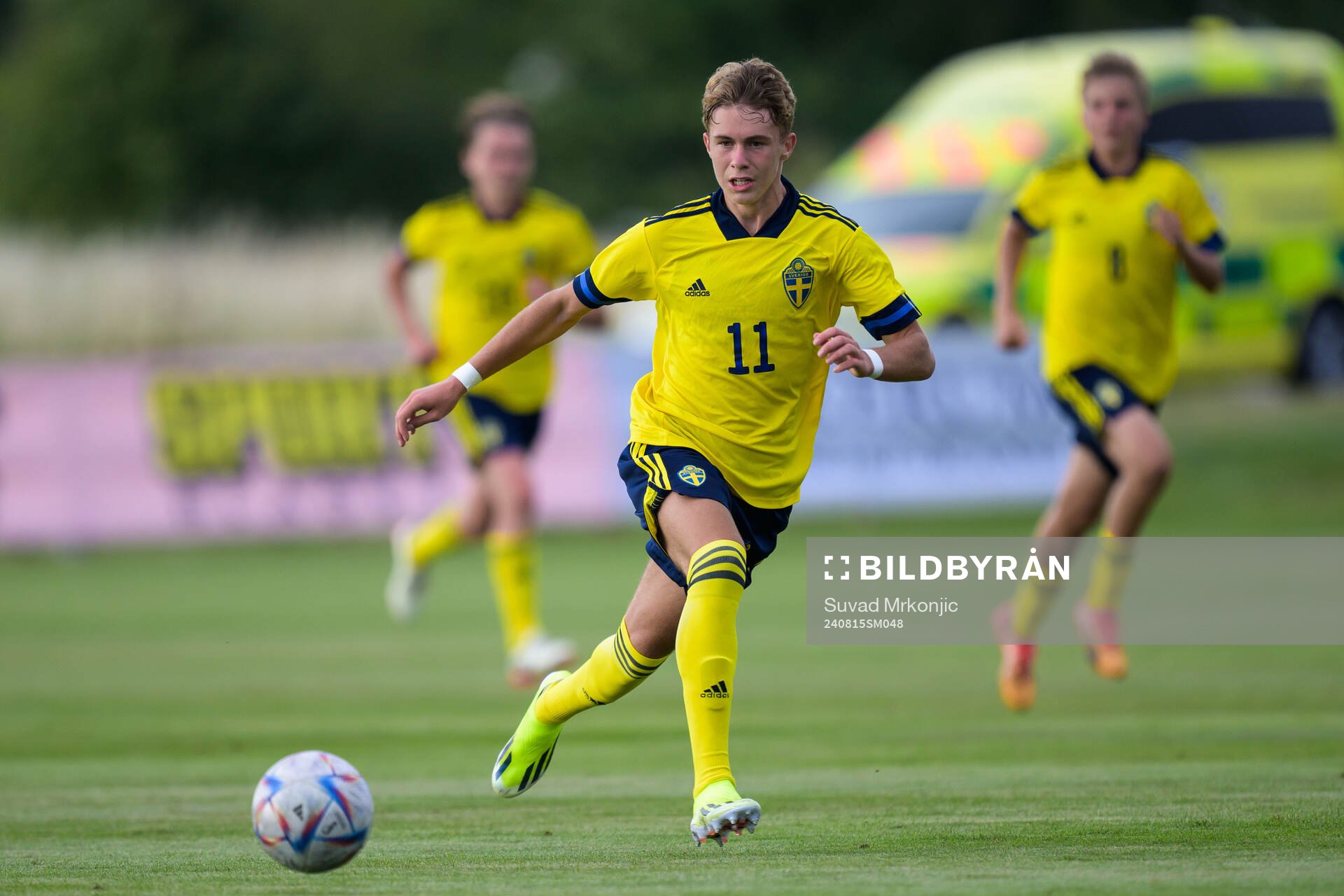 Sveriges Dion Mehmeti under P15 landskampen i fotboll mellan Sverige och Finland den 15 augusti 2024 i Borgholm. 