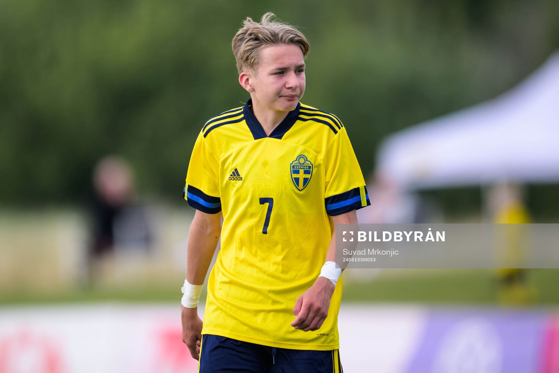 Sveriges Hugo Hoffsten under P15 landskampen i fotboll mellan Sverige och Finland den 15 augusti 2024 i Borgholm. 