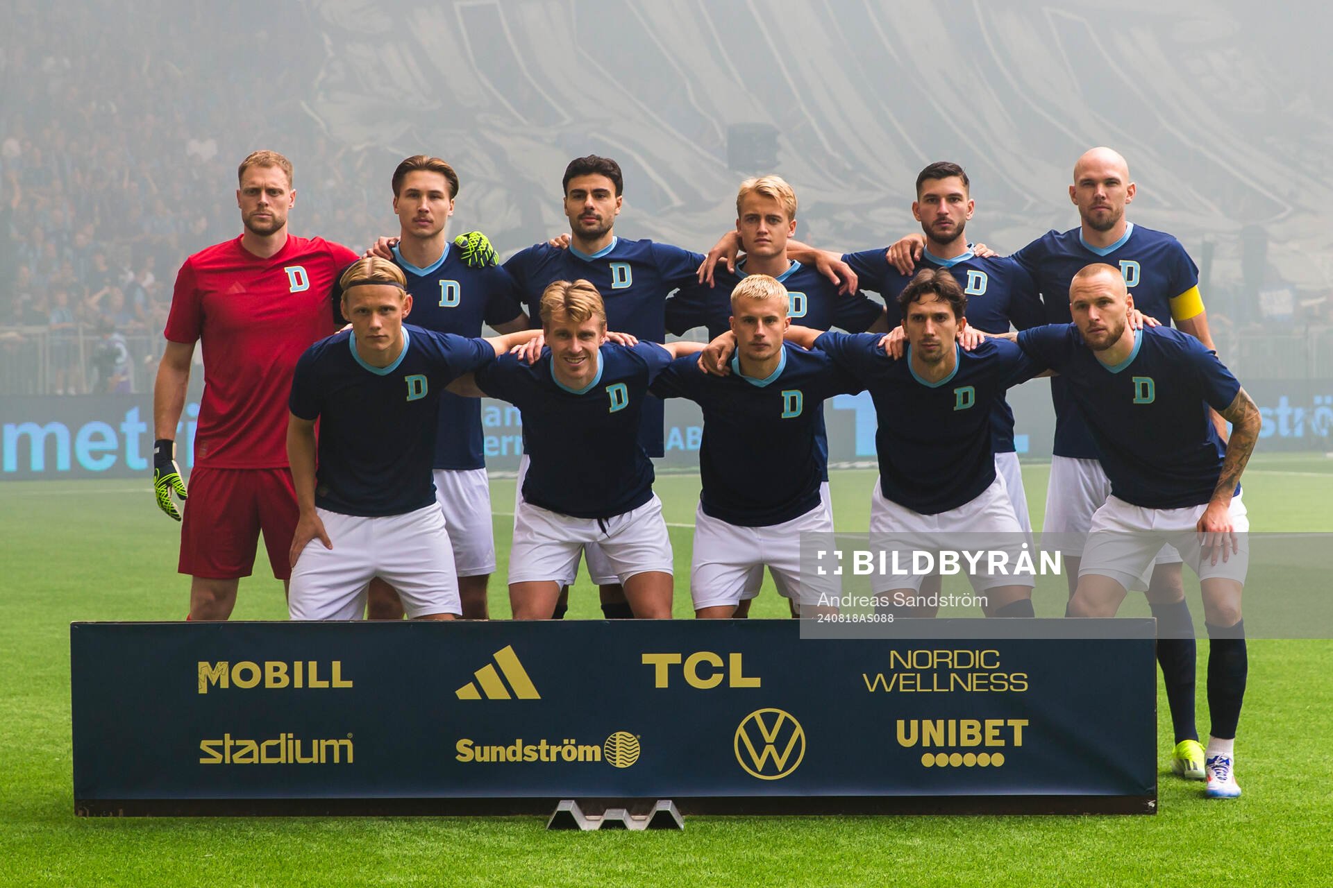 Djurgårdens spelare poserar för ett lagporträtt inför fotbollsmatchen i Allsvenskan mellan Djurgården och AIK den 18 augusti 2024 i Stockholm.
