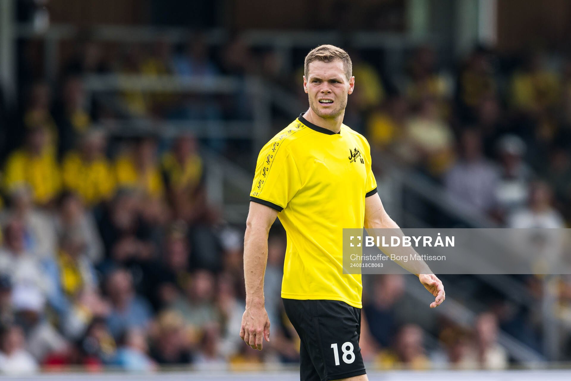 Mjällbys Jacob Bergström under fotbollsmatchen i Allsvenskan mellan Mjällby och Elfsborg den 18 augusti 2024 i Hällevik. 