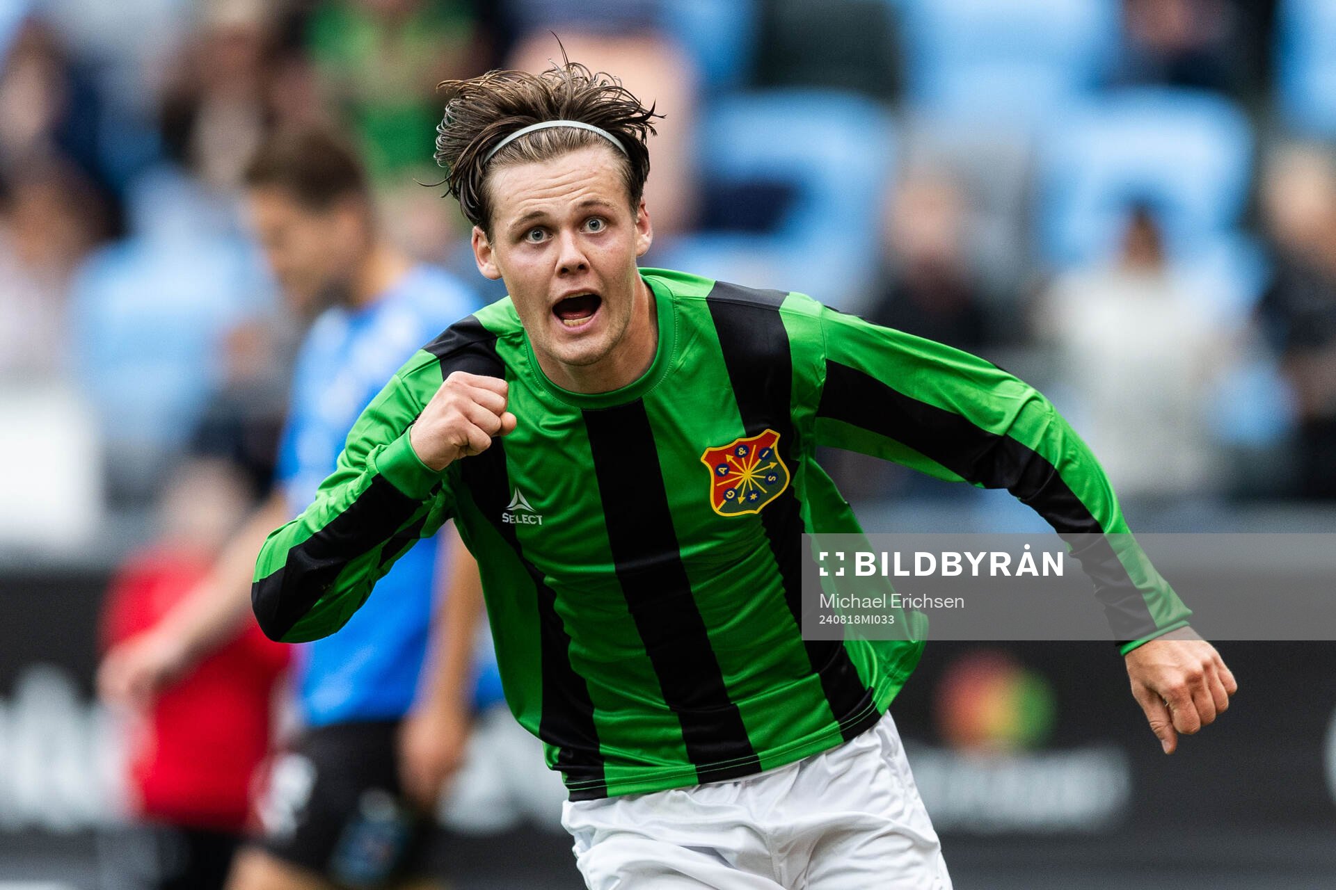 GAIS Axel Henriksson jublar efter 3-1 under fotbollsmatchen i Allsvenskan mellan GAIS och Halmstad den 18 augusti 2024 i Göteborg. 