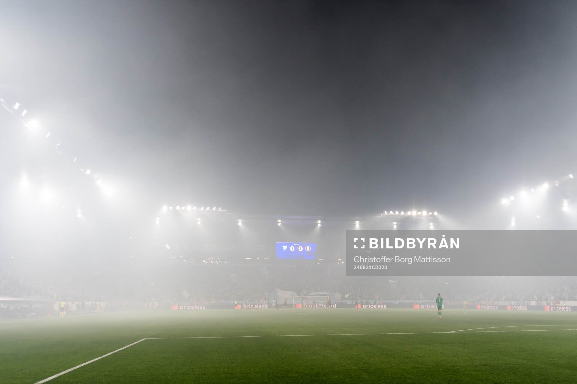 Smoke from flares during the UEFA Champions League football match between Malmö FF and Sparta Prag on August 21, 2024 in Malmö. 