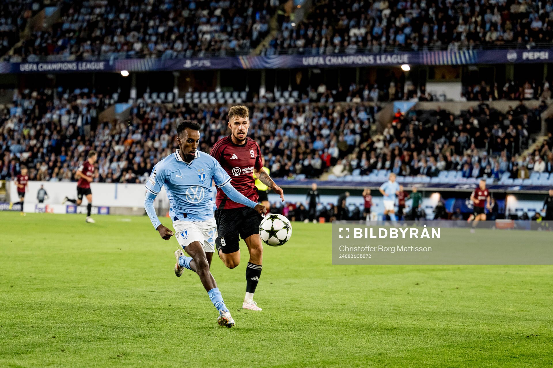 Taha Abdi Ali of Malmö FF and Matej Rynes of Sparta Prag during the UEFA Champions League football match between Malmö FF and Sparta Prag on August 21, 2024 in Malmö. 