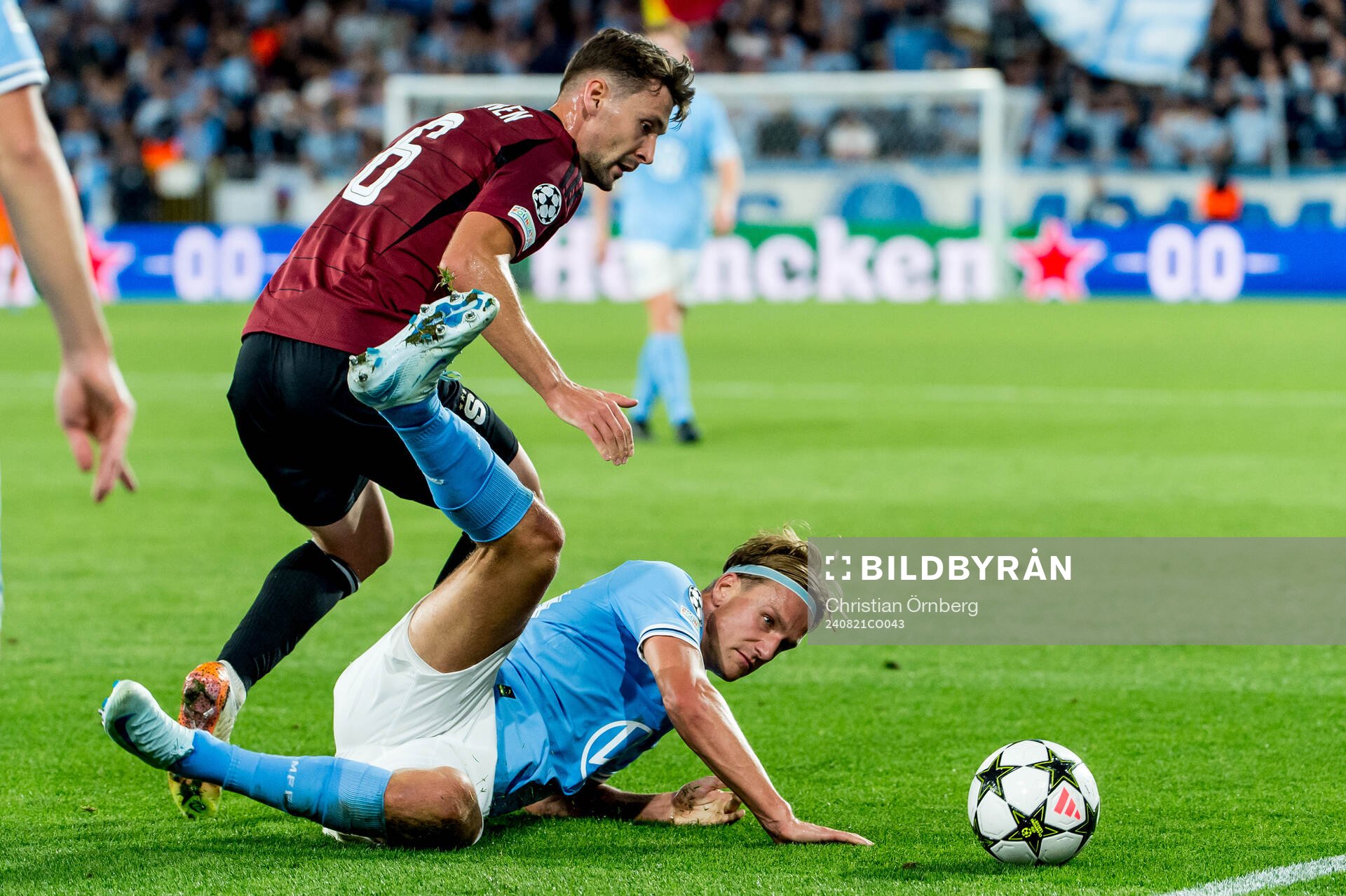 Erik Botheim of Malmö FF and Kaan Kairinen of Sparta Prag during the UEFA Champions League football match between Malmö FF and Sparta Prag on August 21, 2024 in Malmö. 
