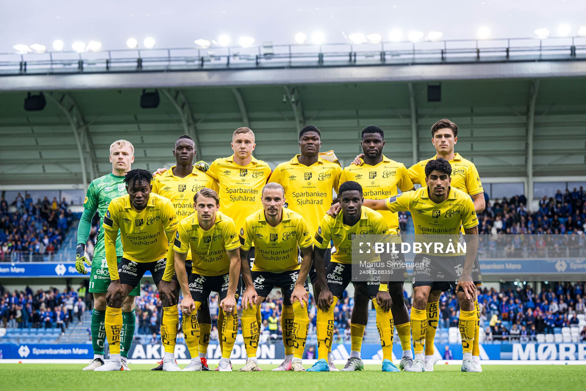 The starting eleven of Elfsborg, from the top left; Isak Pettersson, Timothy Noor Ouma, Sebastian Holmén, Terry Yegbe, Buhari Ibrahim, Besfort Zeneli, Jalal Abdullai, Simon Hedlund, Niklas Hult, Michael Baidoo and Ahmed Qasem poses for a team group photo ahead of of the UEFA Europa League play-off match between Molde and Elfsborg on August 22, 2024 in Molde.