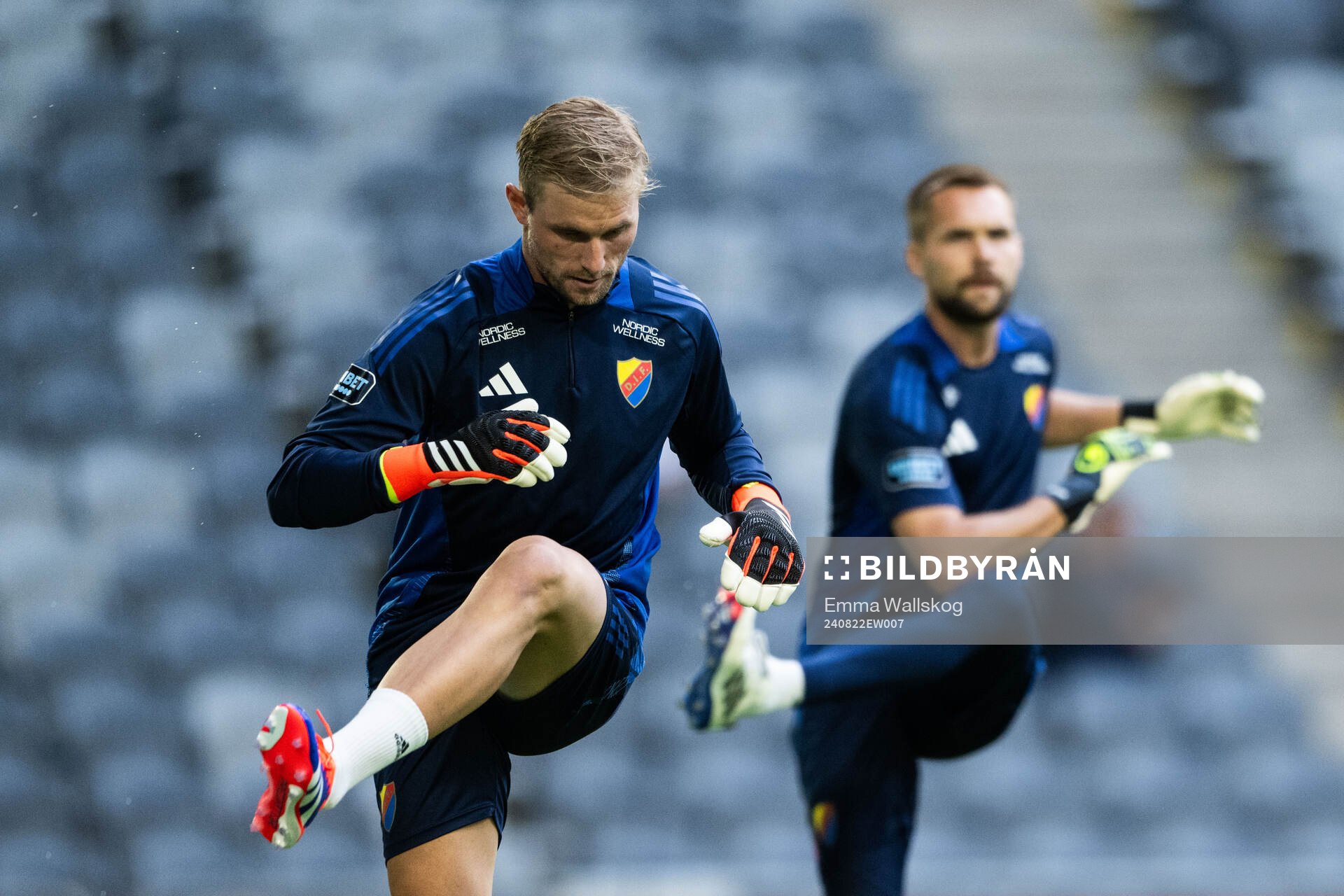 Goalkeeper Jacob Rinne and goalkeeper Max Croon of Djurgården ahead of the UEFA Conference League play-off match between Djurgården and NK Maribor on August 22, 2024 in Stockholm. 