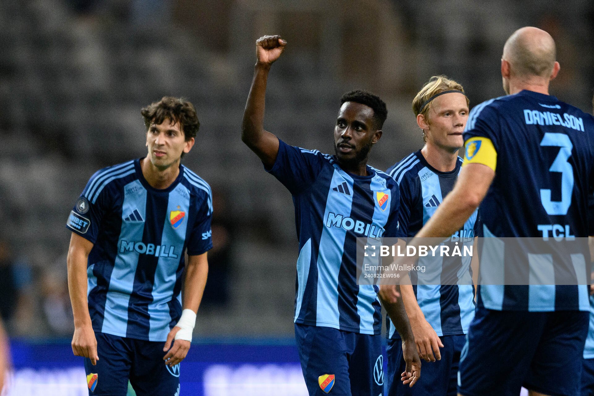 Tokmac Nguen of Djurgården celebrate after 1-0 during the UEFA Conference League play-off match between Djurgården and NK Maribor on August 22, 2024 in Stockholm. 