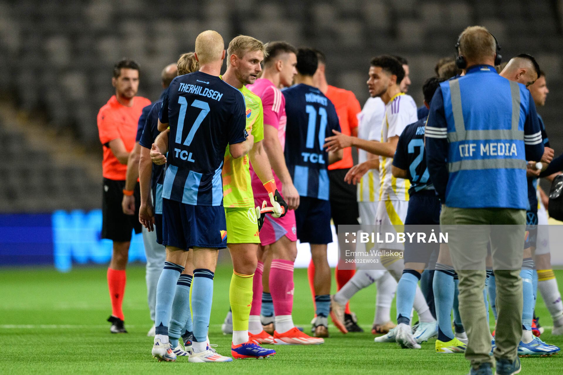 Peter Therkildsen and goalkeeper Jacob Rinne of Djurgården after the UEFA Conference League play-off match between Djurgården and NK Maribor on August 22, 2024 in Stockholm.