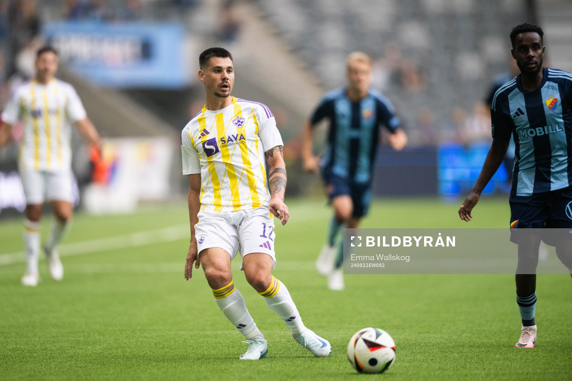 Gregor Sikosek of Maribor during the UEFA Conference League play-off match between Djurgården and NK Maribor on August 22, 2024 in Stockholm.
