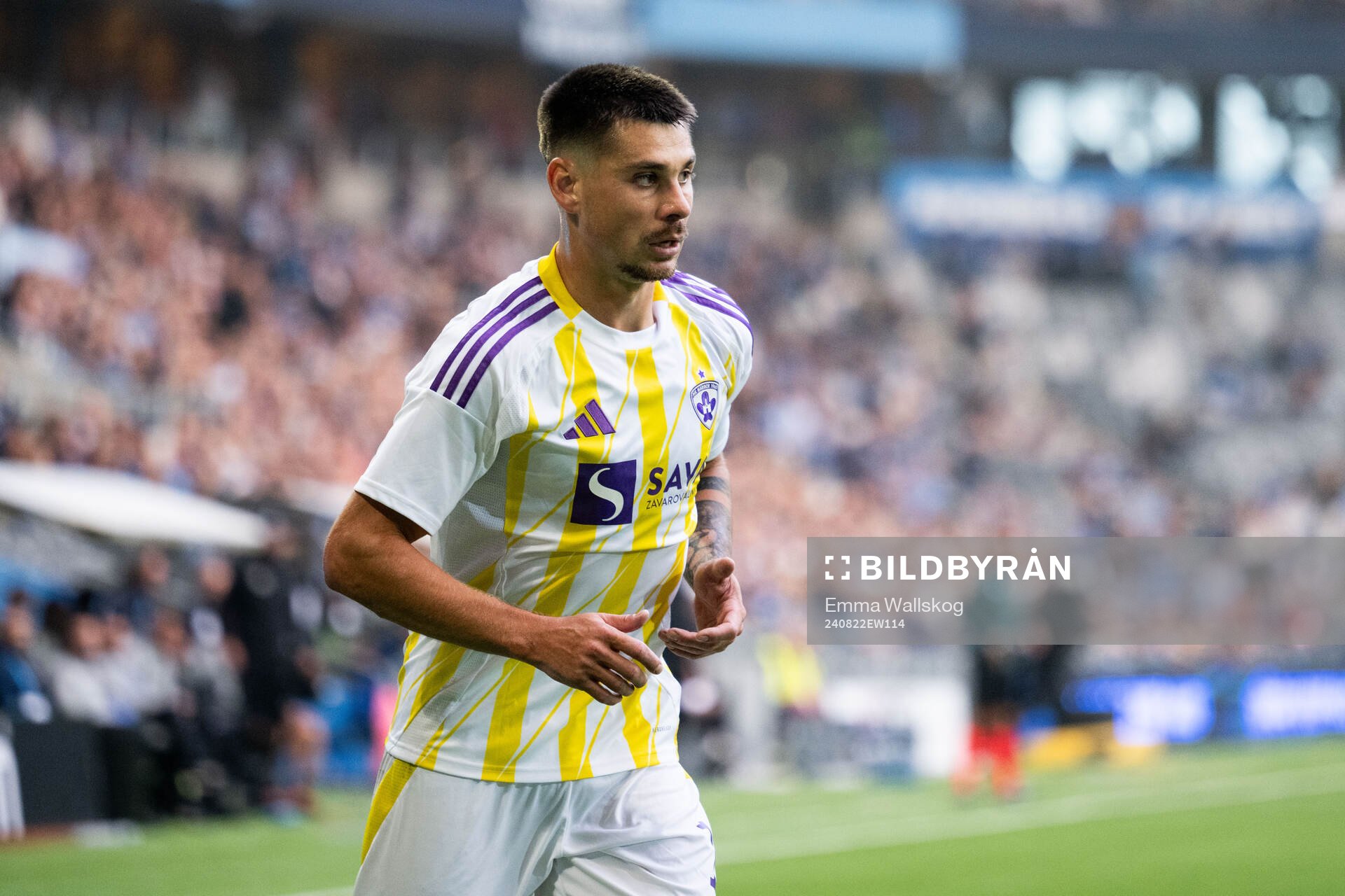 Gregor Sikosek of Maribor during the UEFA Conference League play-off match between Djurgården and NK Maribor on August 22, 2024 in Stockholm.