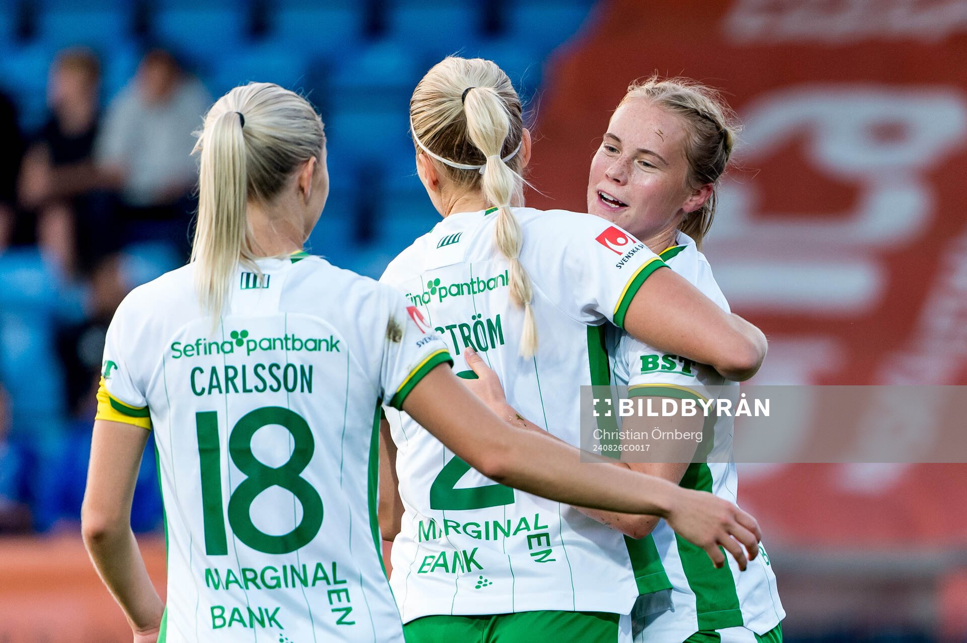 Hammarbys Julie Blakstad jublar efter 0-5 under fotbollsmatchen i Damallsvenskan mellan Trelleborg och Hammarby den 26 augusti 2024 i Trelleborg.
