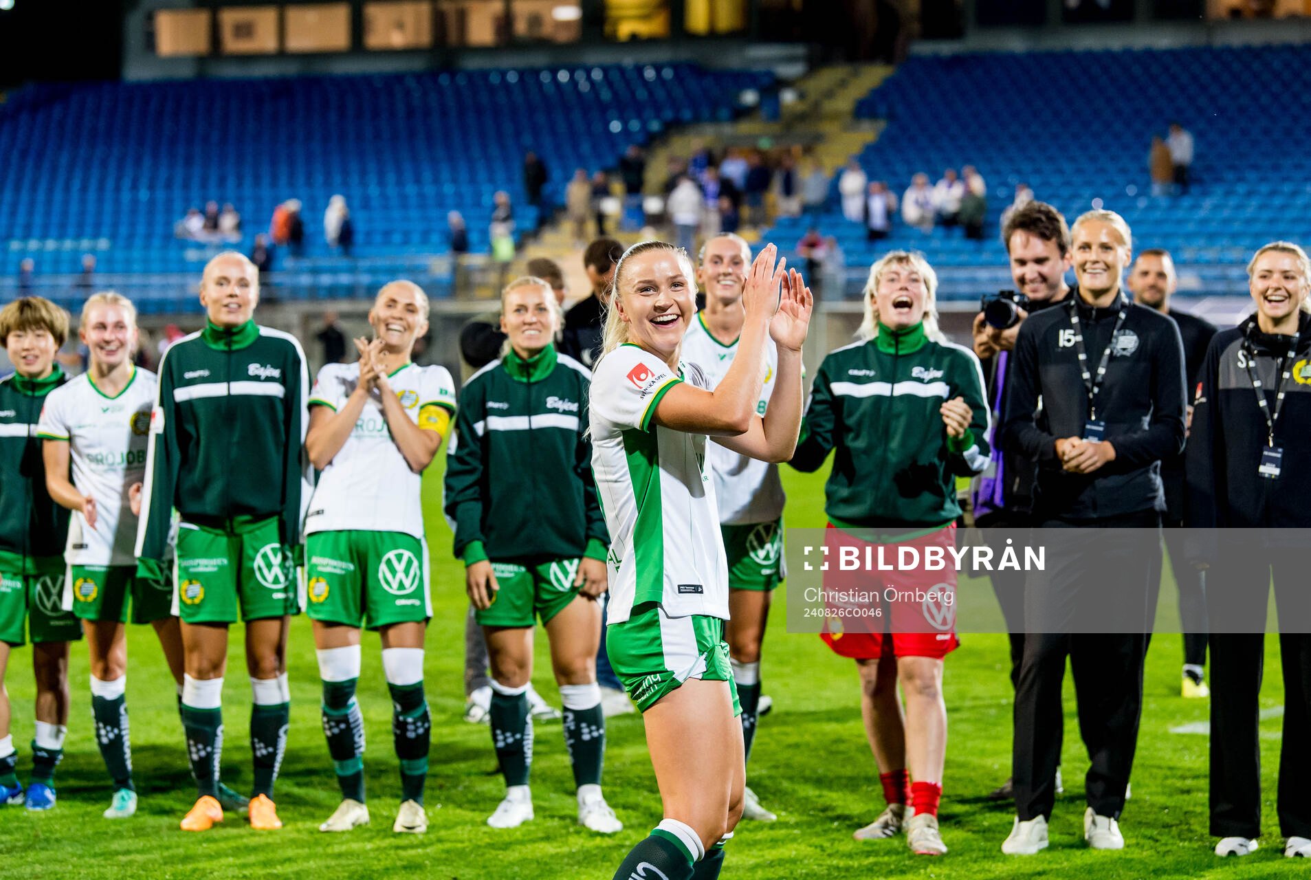 Hammarbys Anna Jøsendal jublar efter fotbollsmatchen i Damallsvenskan mellan Trelleborg och Hammarby den 26 augusti 2024 i Trelleborg.