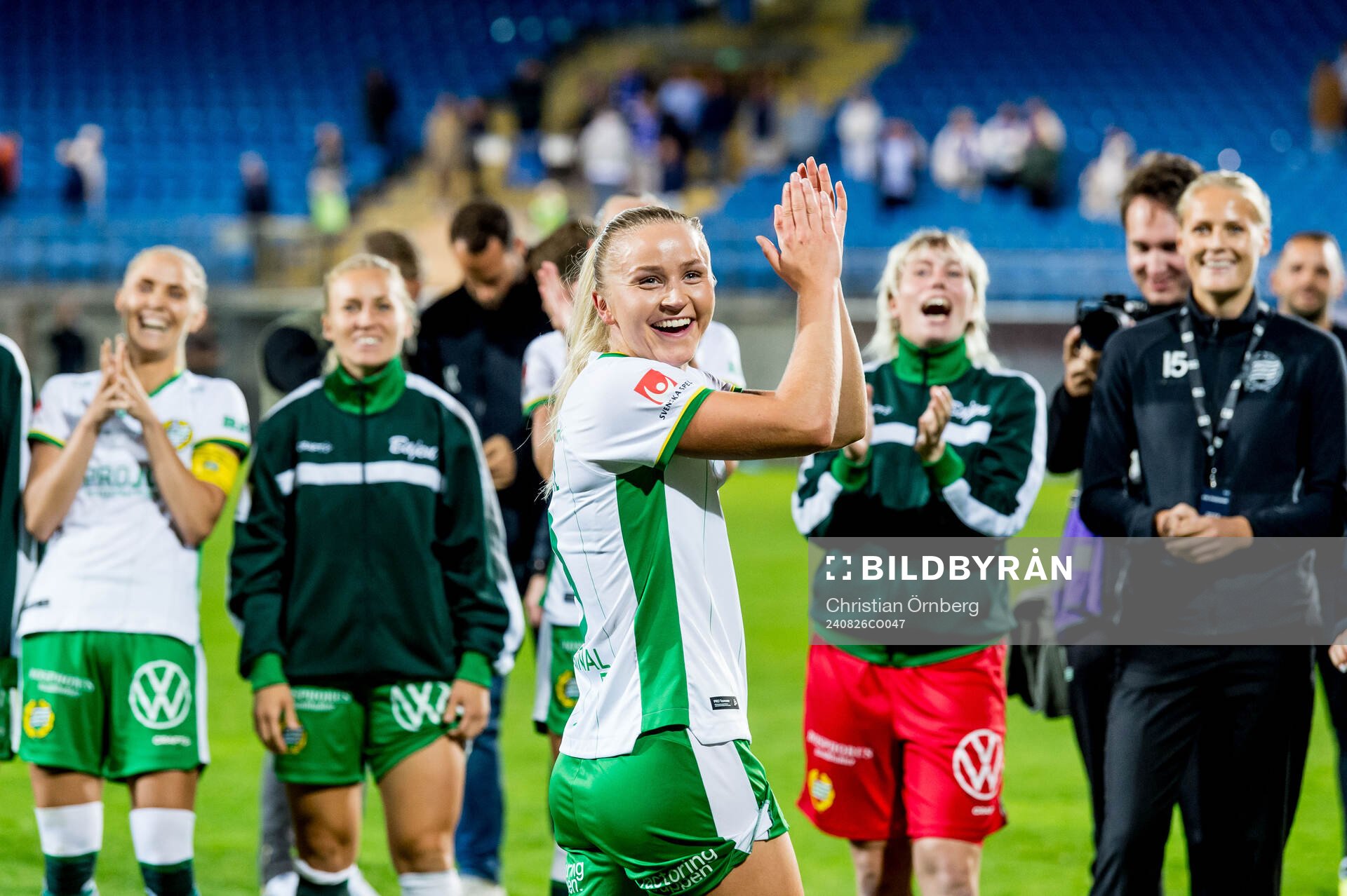 Hammarbys Anna Jøsendal jublar efter fotbollsmatchen i Damallsvenskan mellan Trelleborg och Hammarby den 26 augusti 2024 i Trelleborg.