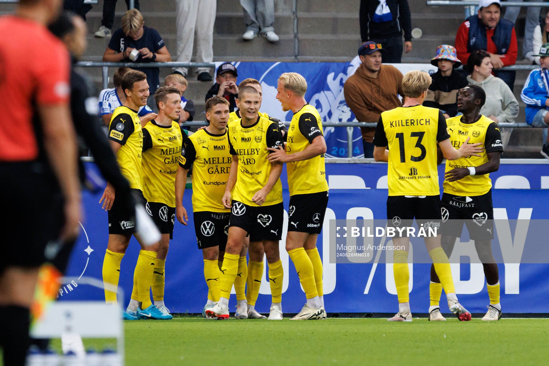 Mjällbys Timo Stavitski jublar efter 0-2 under fotbollsmatchen i Allsvenskan mellan IFK Norrköping och Mjällby den 26 augusti 2024 i Norrköping. 