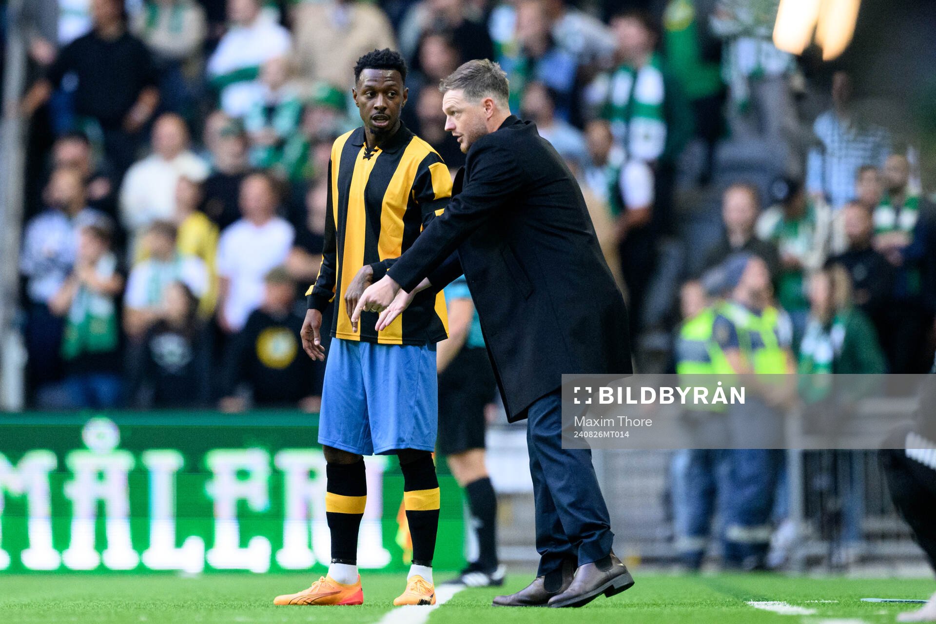 Hammarbys Shaquille Pinas och tränare Kim Hellberg under fotbollsmatchen i Allsvenskan mellan Hammarby och GAIS den 26 augusti 2024 i Stockholm.
