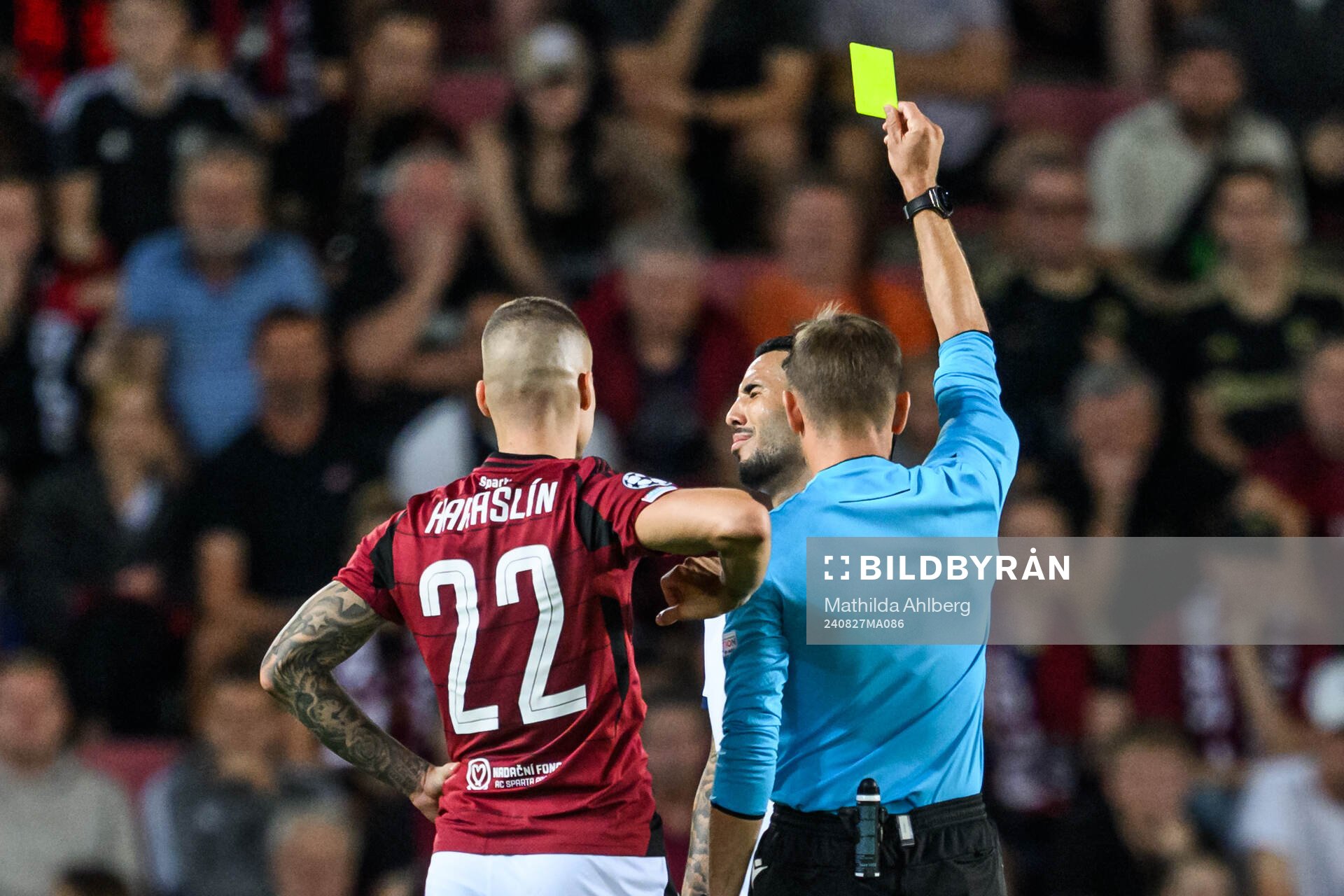 Sergio Pena of Malmö FF is shown a yellow card