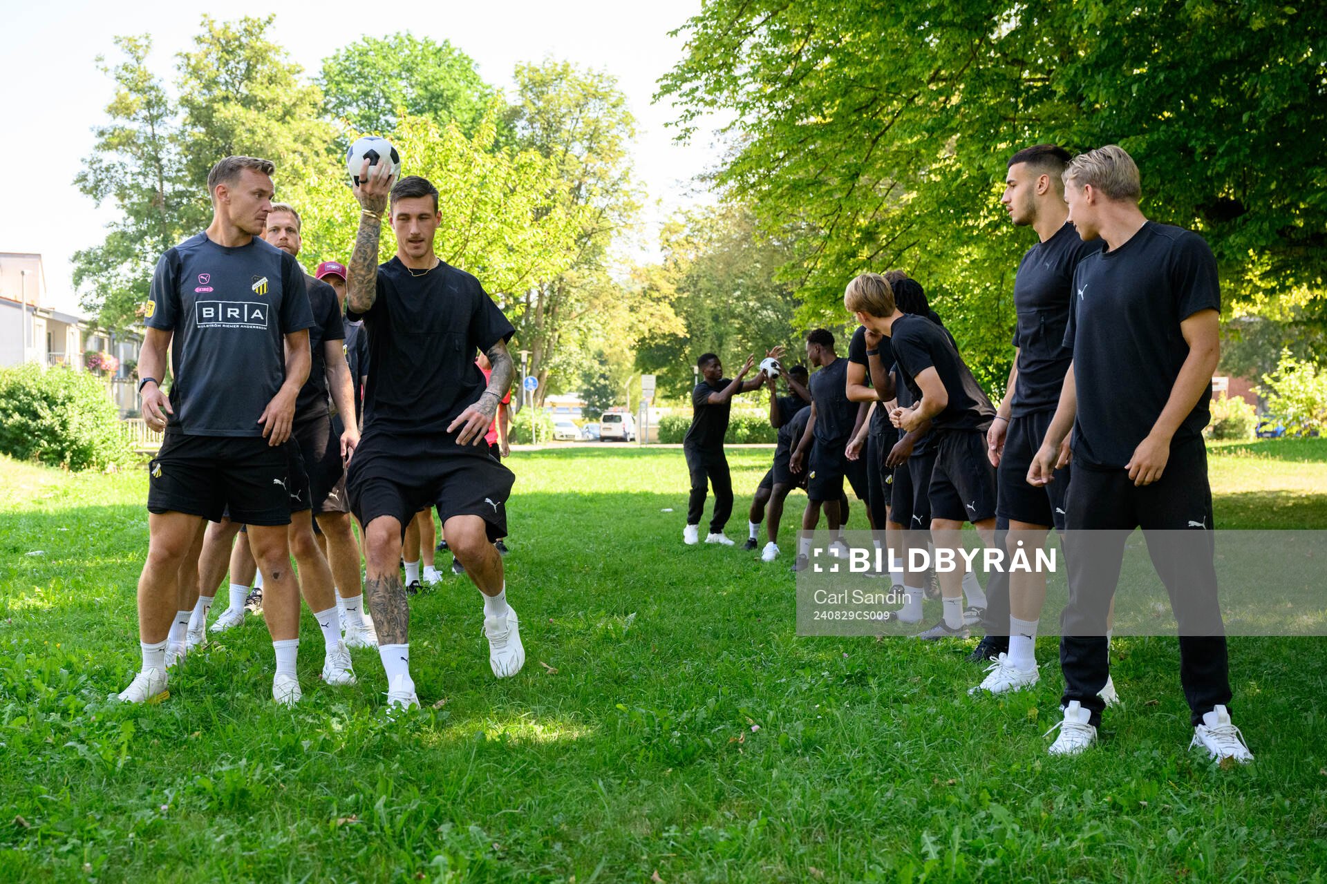 Marius Lode and goalkeeper Andreas Linde during an activity team walk with Häcken on August 29, 2024 in Oberkochen. 