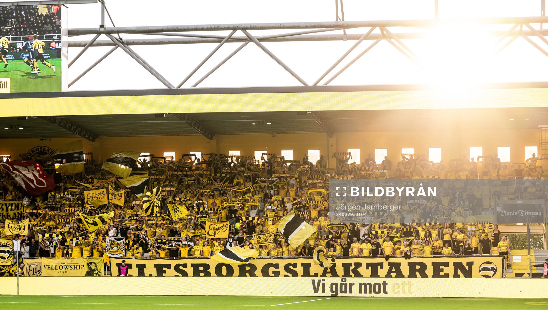 Supporters of Elfsborg in the stands during the UEFA Europa League playoff between Elfsborg and Molde on August 29, 2024 in Borås.