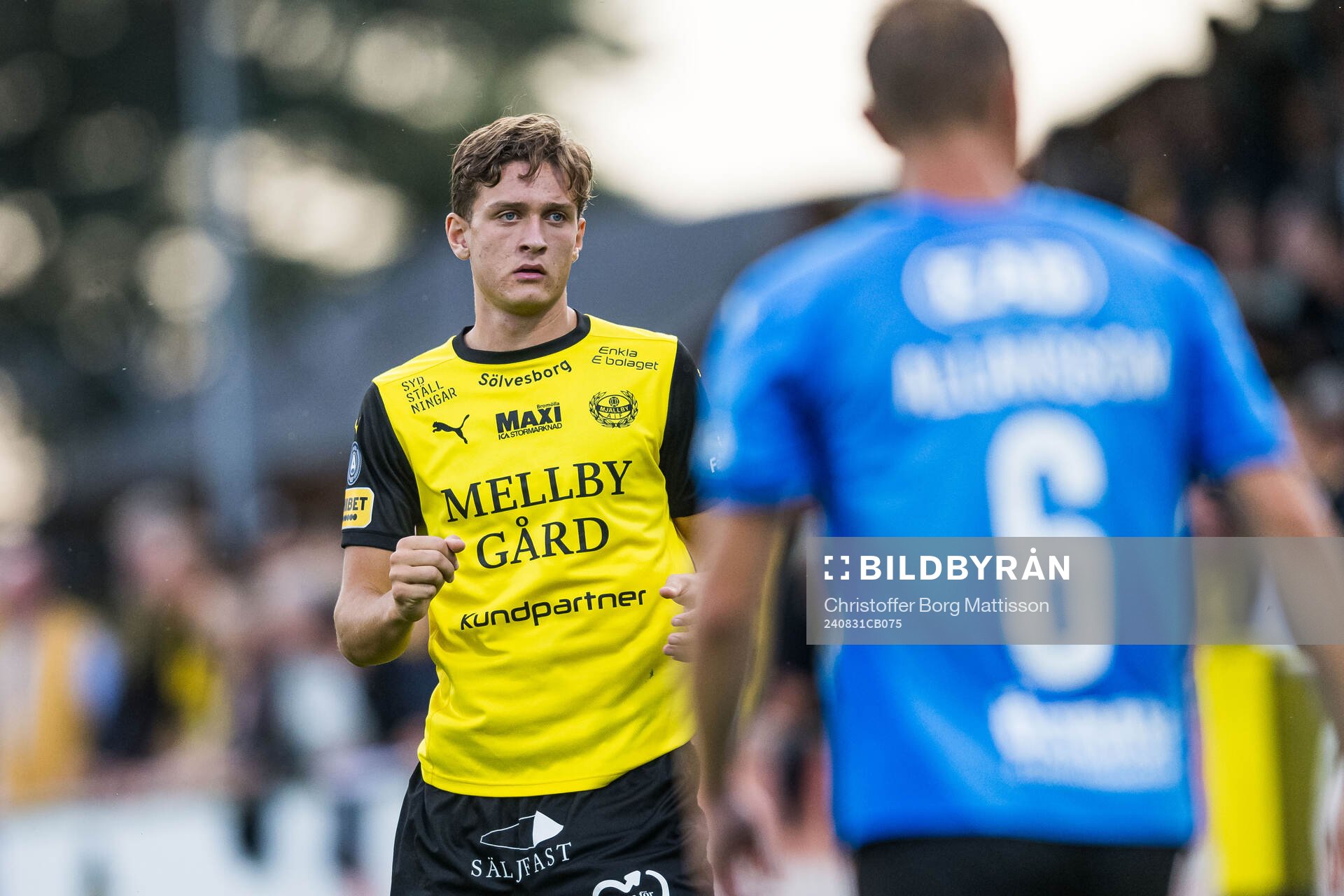 Mjällbys Ludvig Tidstrand under fotbollsmatchen i Allsvenskan mellan Mjällby och Halmstad den 31 augusti 2024 i Hällevik. 