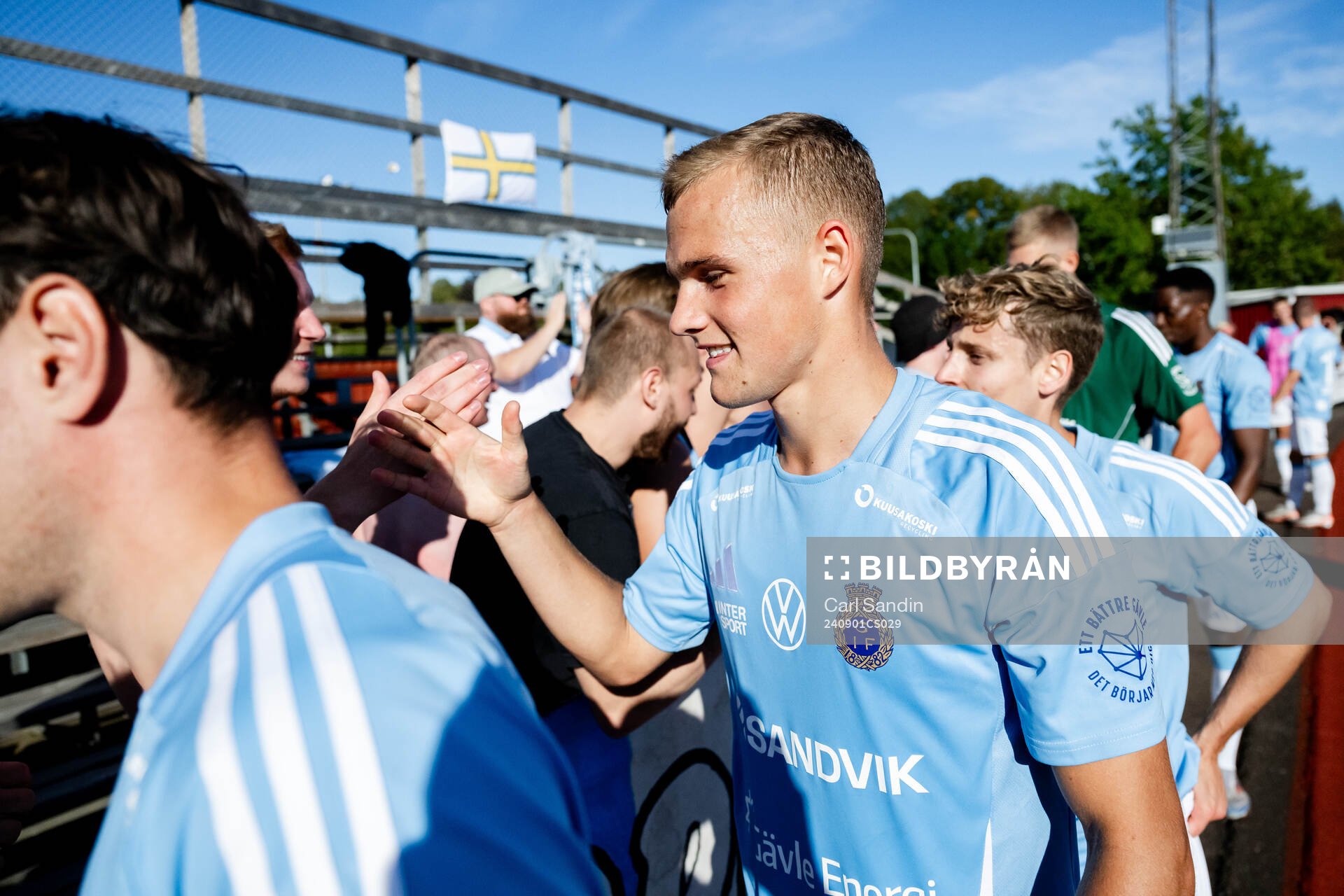 Gefles Gustav Friberg jublar efter fotbollsmatchen i Superettan mellan Skövde AIK och Gefle den 1 september 2024 i Skövde. 