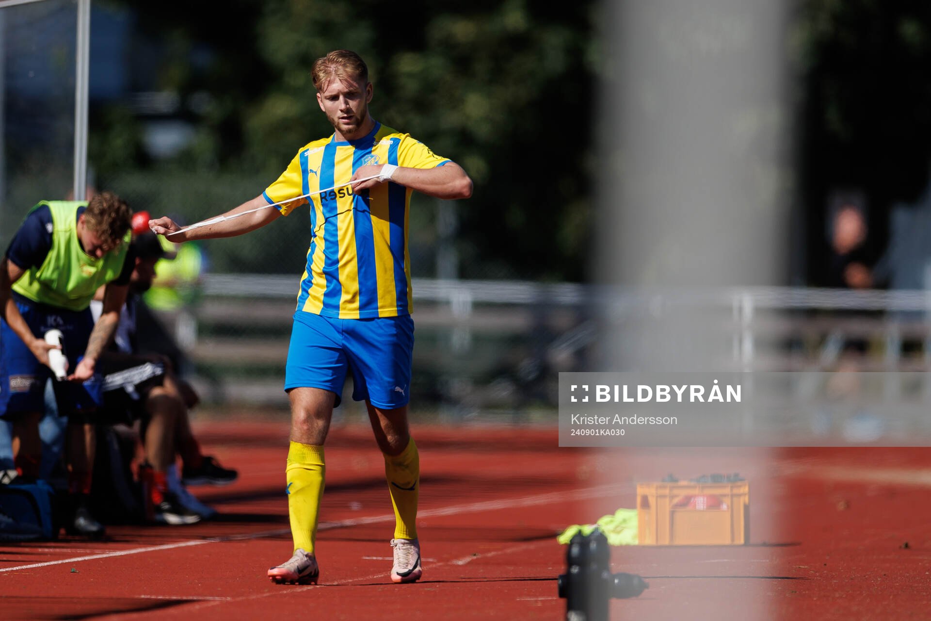 Eskilsminnes Danijal Omanovic under fotbollsmatchen i Ettan södra mellan Tvååker och Eskilsminne den 1 september 2024 i Varberg.