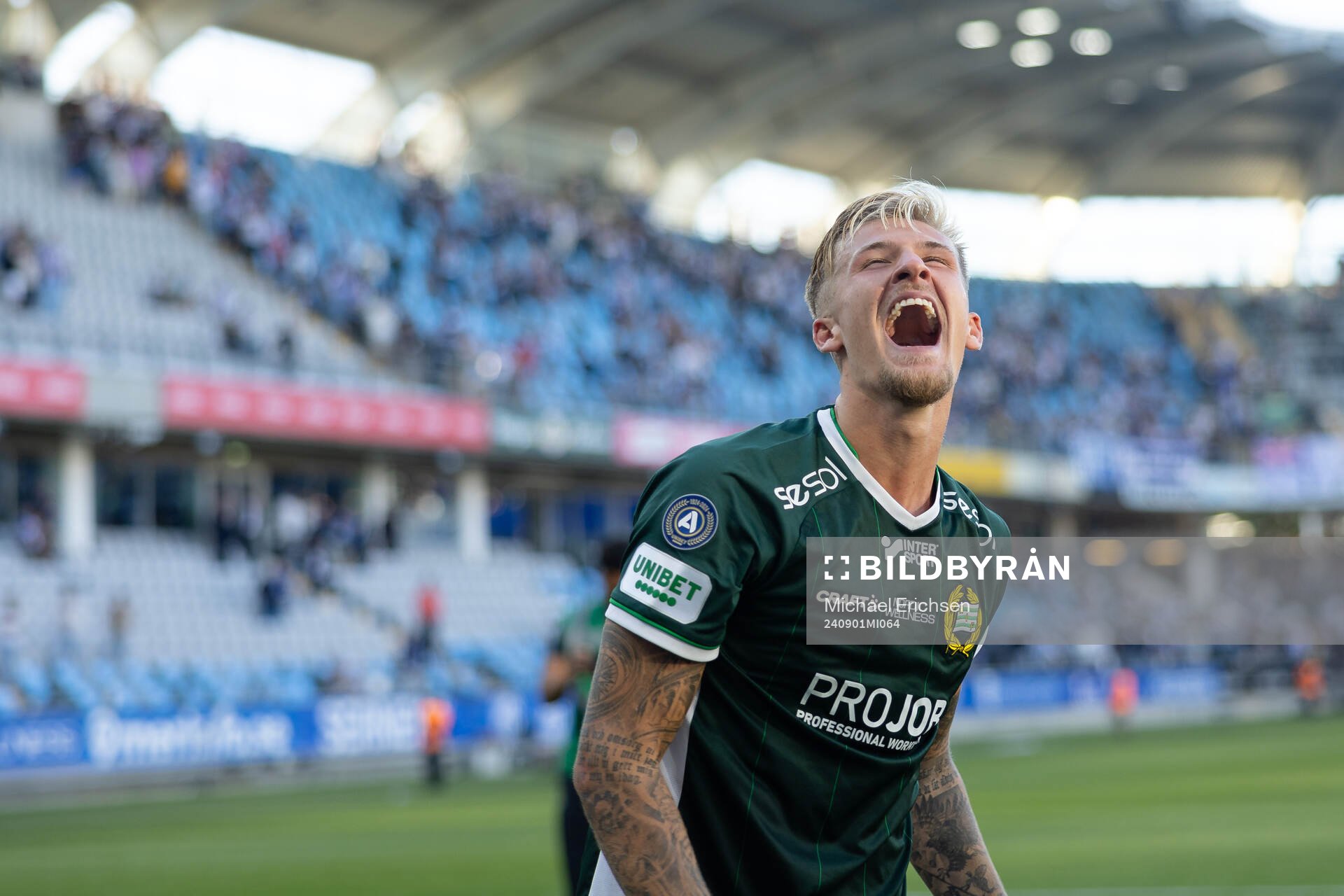 Hammarbys Fredrik Hammar jublar efter fotbollsmatchen i Allsvenskan mellan IFK Göteborg och Hammarby den 1 september 2024 i Göteborg. 