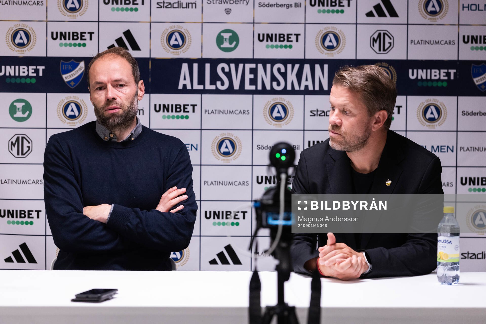 IFK Norrköpings tränare Andreas Alm och Häckens tränare Pål Arne Johansen på presskonferensen efter fotbollsmatchen i Allsvenskan mellan IFK Norrköping och Häcken den 1 september 2024 i Norrköping.