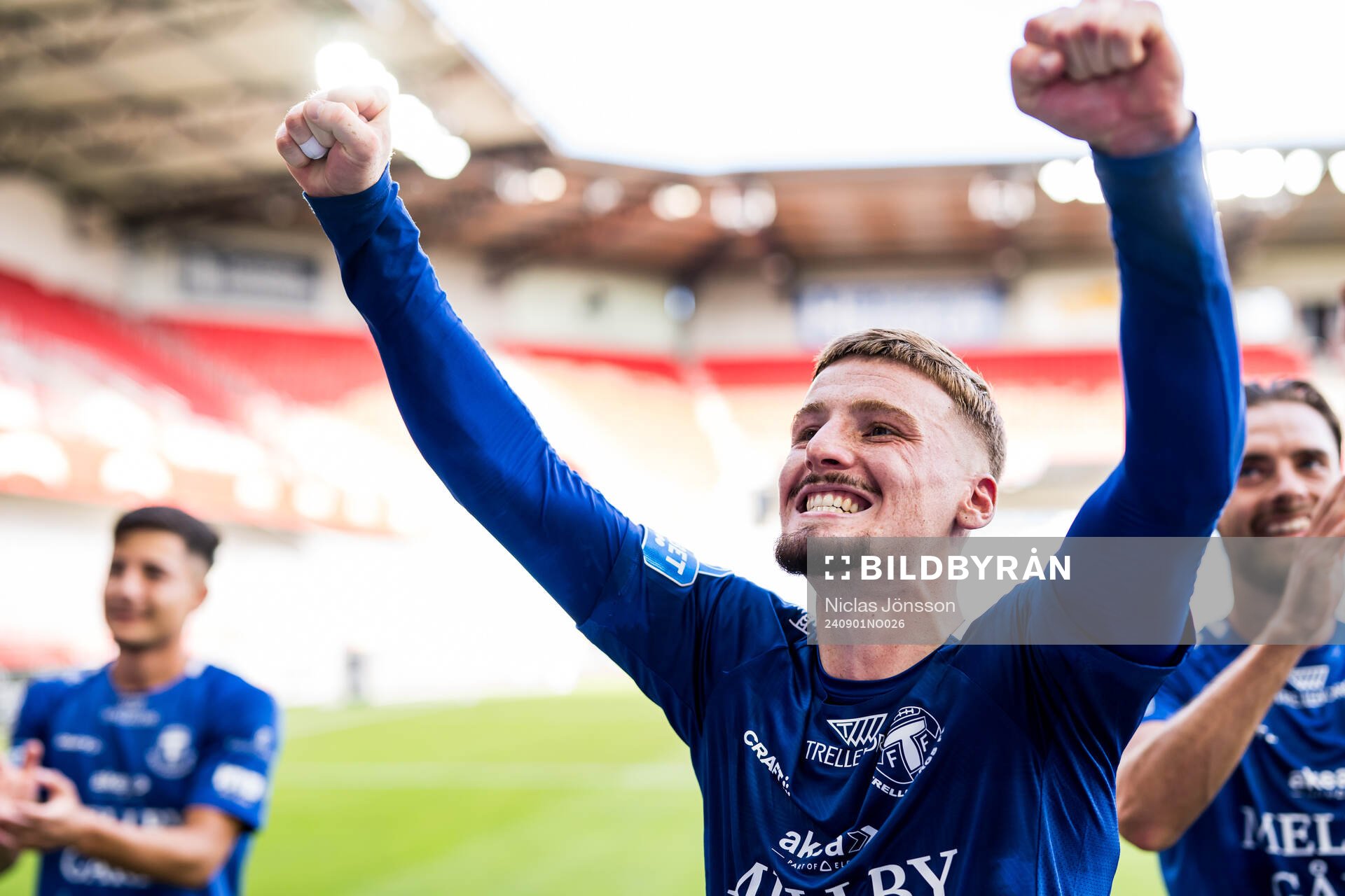 Trelleborgs Markus Björkqvist jublar efter fotbollsmatchen i Superettan mellan Helsingborg och Trelleborg den 1 september 2024 i Helsingborg.