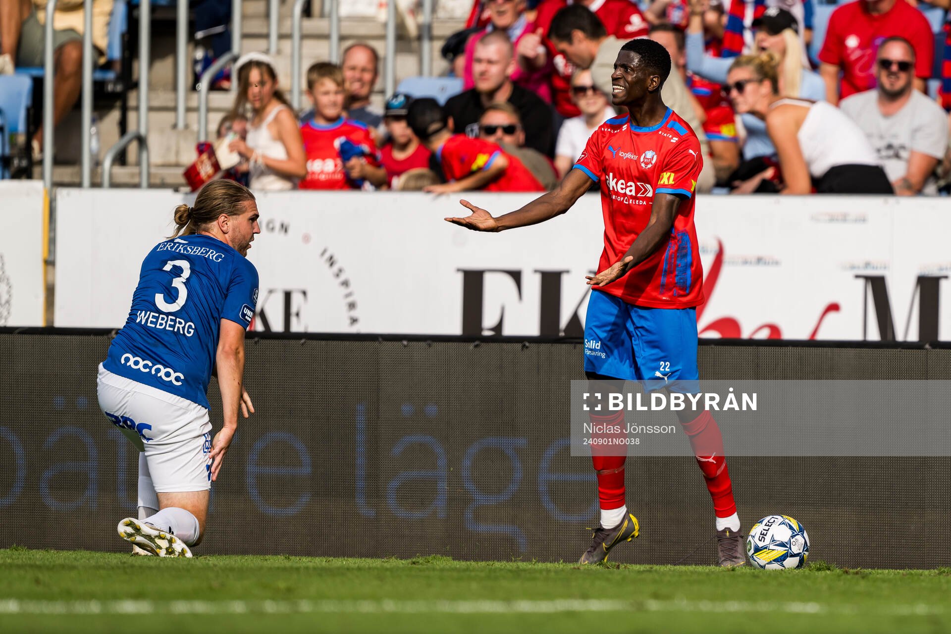 Helsingborgs Chisomnazu Chika Chidi reagerar under fotbollsmatchen i Superettan mellan Helsingborg och Trelleborg den 1 september 2024 i Helsingborg.