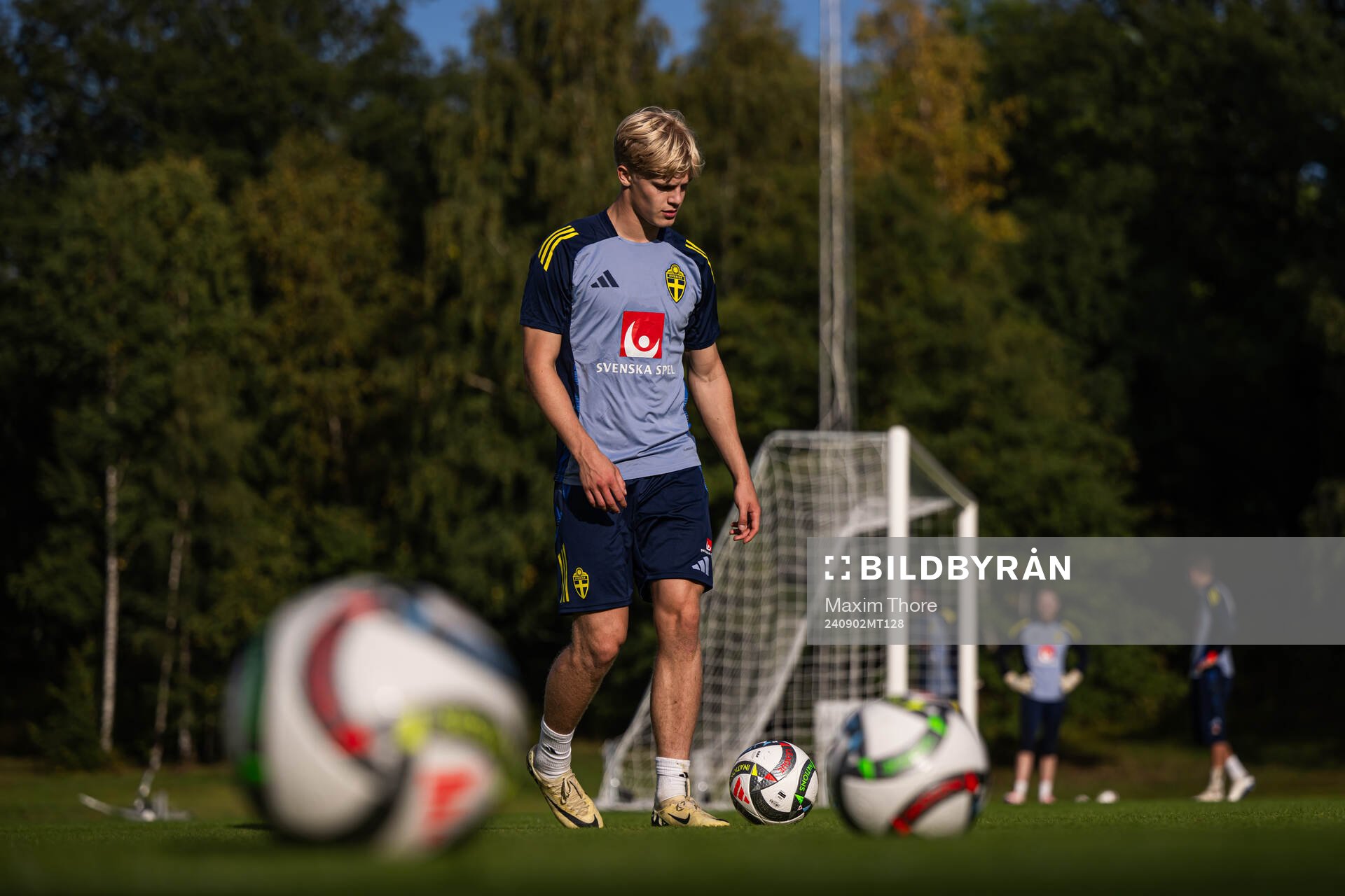 Lucas Bergwall of the Swedish national football team during a training session on September 2, 2024 in Stockholm. 