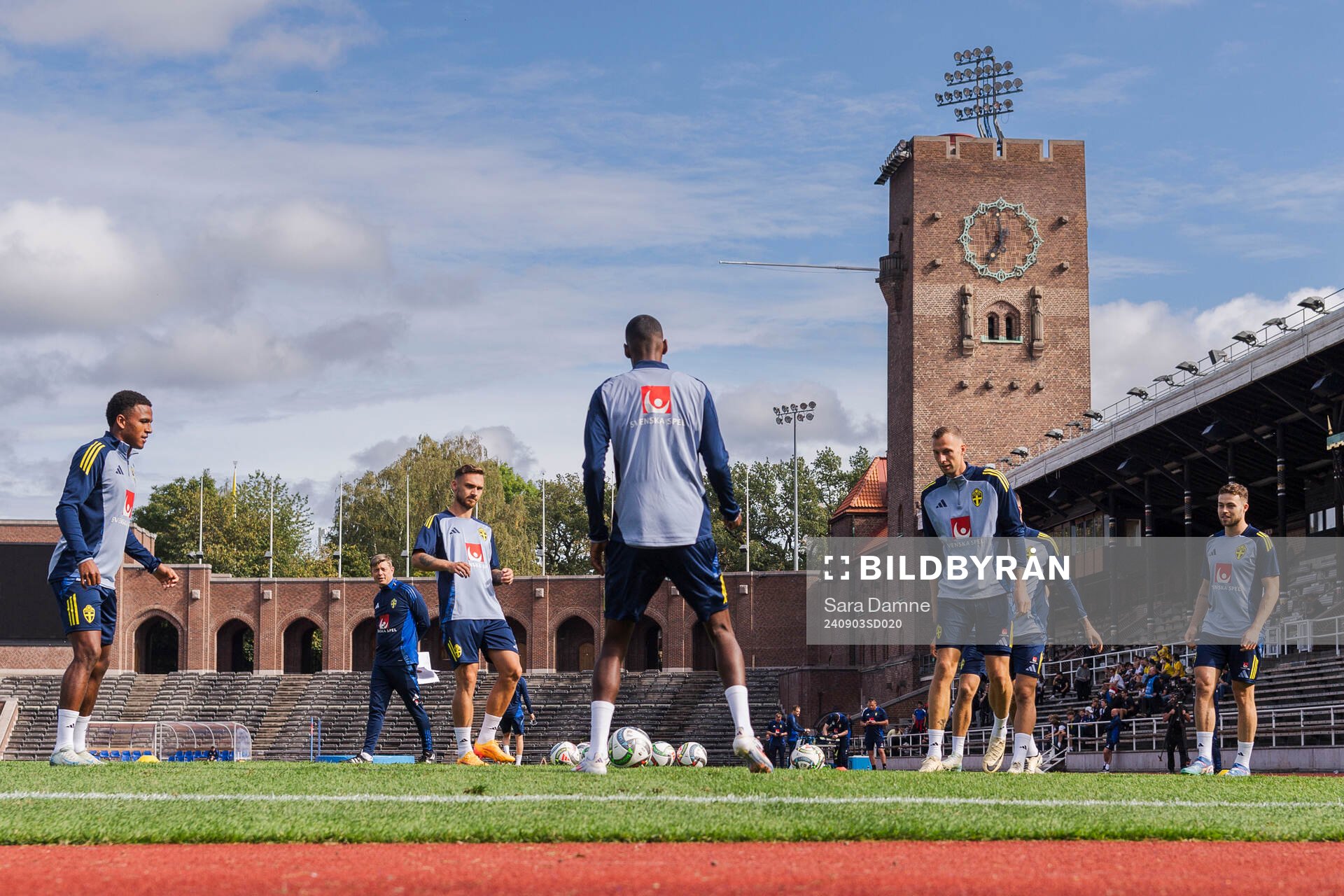 Niclas Eliasson, Linus Wahlqvist Egnell, Gustaf Nilsson and Gabriel Gudmundsson of the Swedish men's football national team at a training session on September 3, 2024 in Stockholm.
