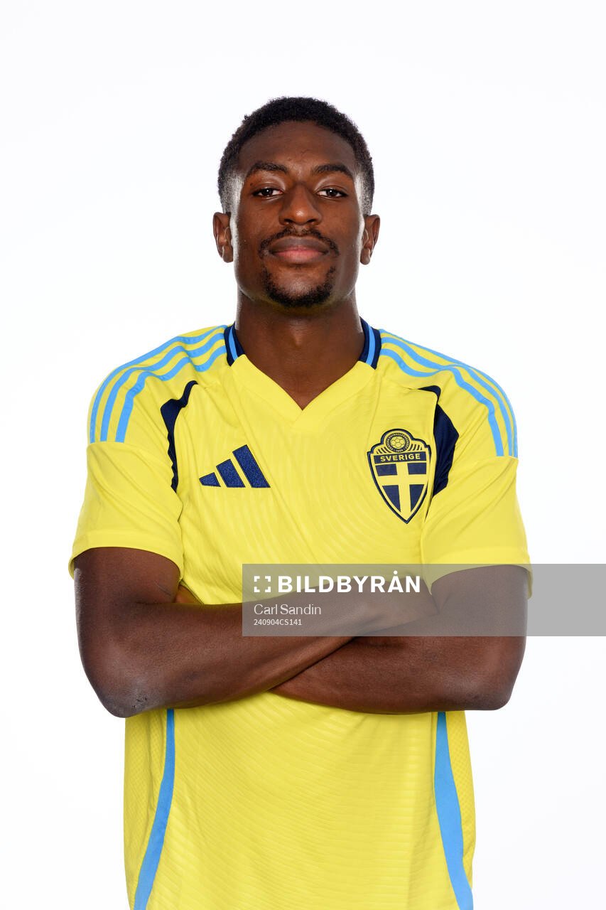 Josafat Mendes poses for at portrait during a photo shoot with the Swedish under-21 national football team on September 4, 2024 in Jönköping. 