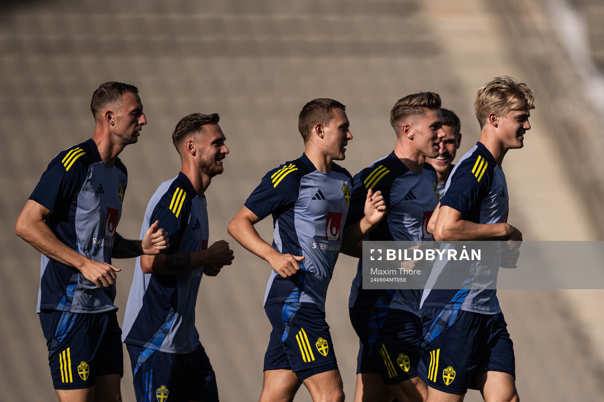 Gustaf Nilsson, Linus Egnell Wahlqvist, Ludwig Augustinsson, Viktor Gyökeres and Lucas Bergwall of the Swedish national football team during a training session on September 4, 2024 in Baku.